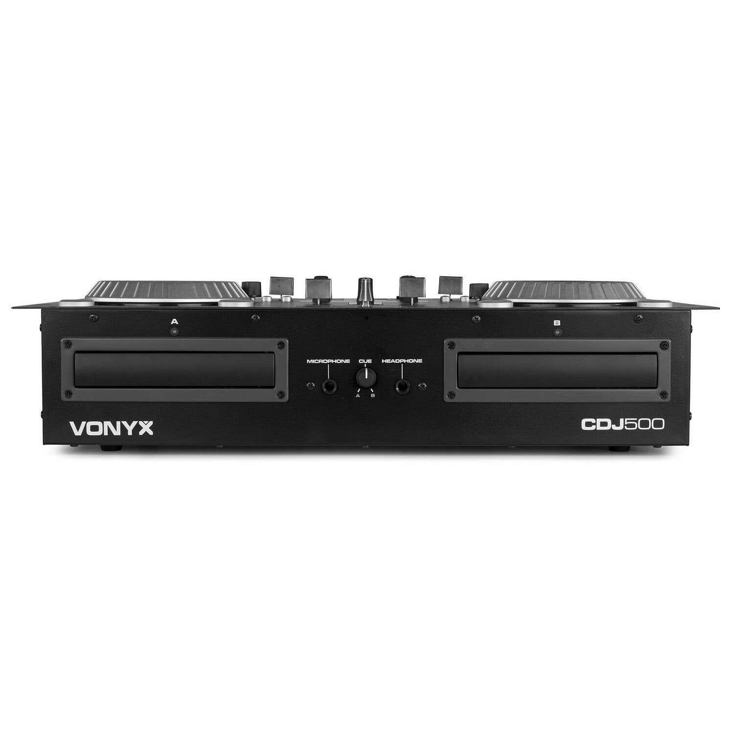 Un mezclador de DJ negro etiquetado Vonyx CDJ500. Tiene dos tocadiscos, perillas de control y entradas para micrófono y auriculares.