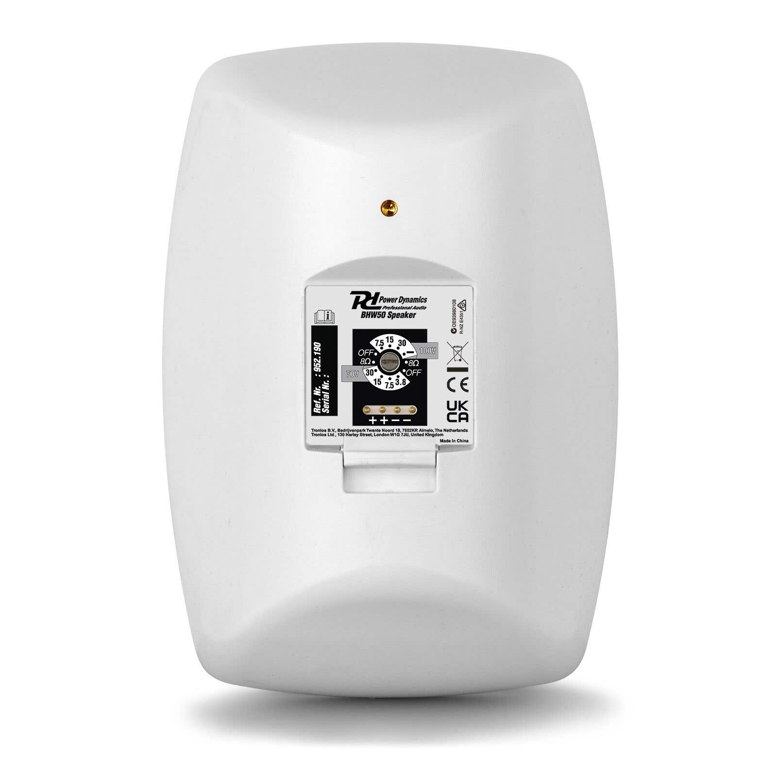 Parte trasera de altavoz blanco con etiqueta Power Dynamics BHW50 Speaker, ajustes y certificaciones.