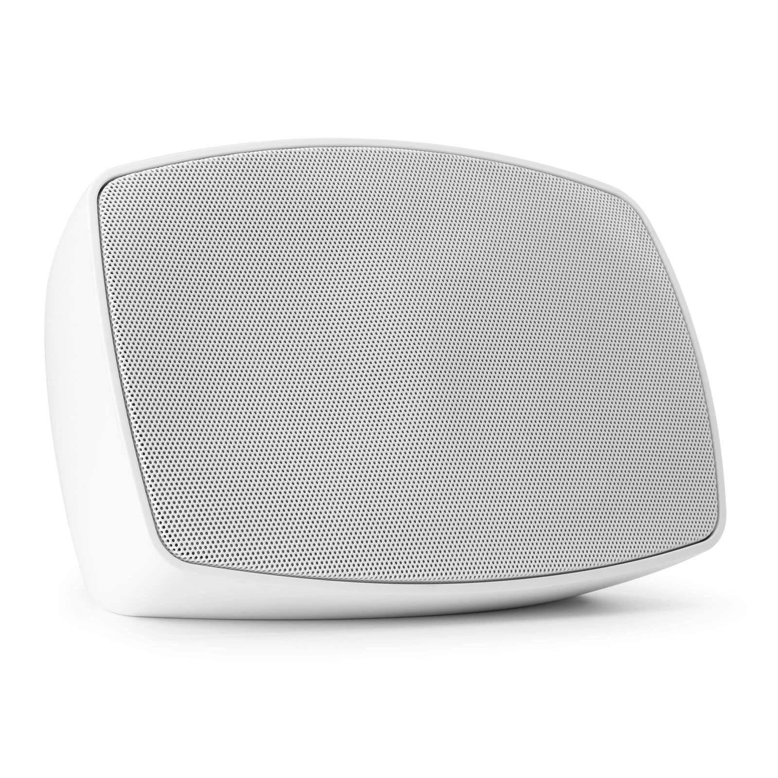 Un altavoz blanco con frontal perforado. El altavoz tiene bordes redondeados y está sobre un fondo blanco.
