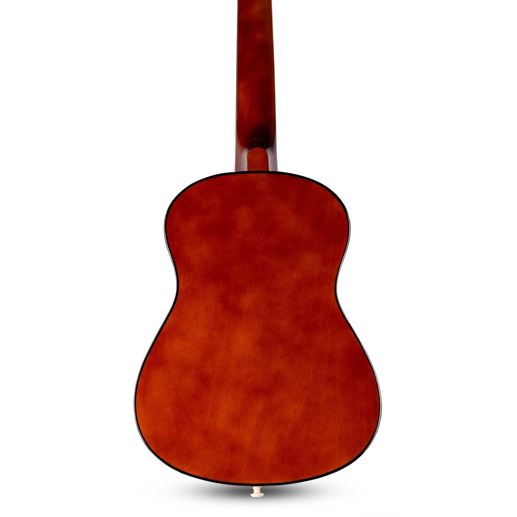 Achterkant van een houten akoestische gitaar tegen een witte achtergrond. De gitaar is bruin met een zwarte rand.