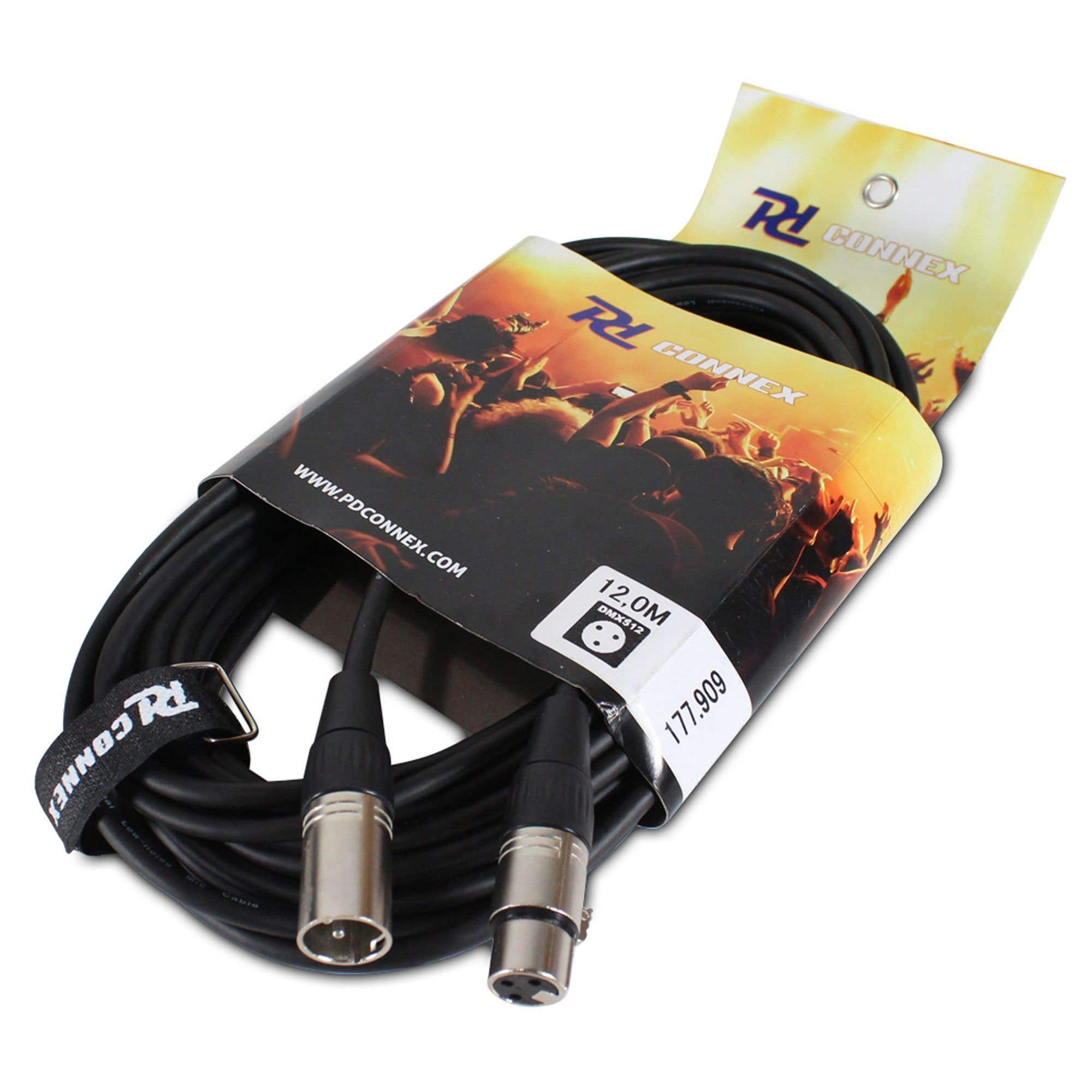Cavo XLR nero, arrotolato, con connettori argentati. La confezione del marchio mostra una folla di concerti.