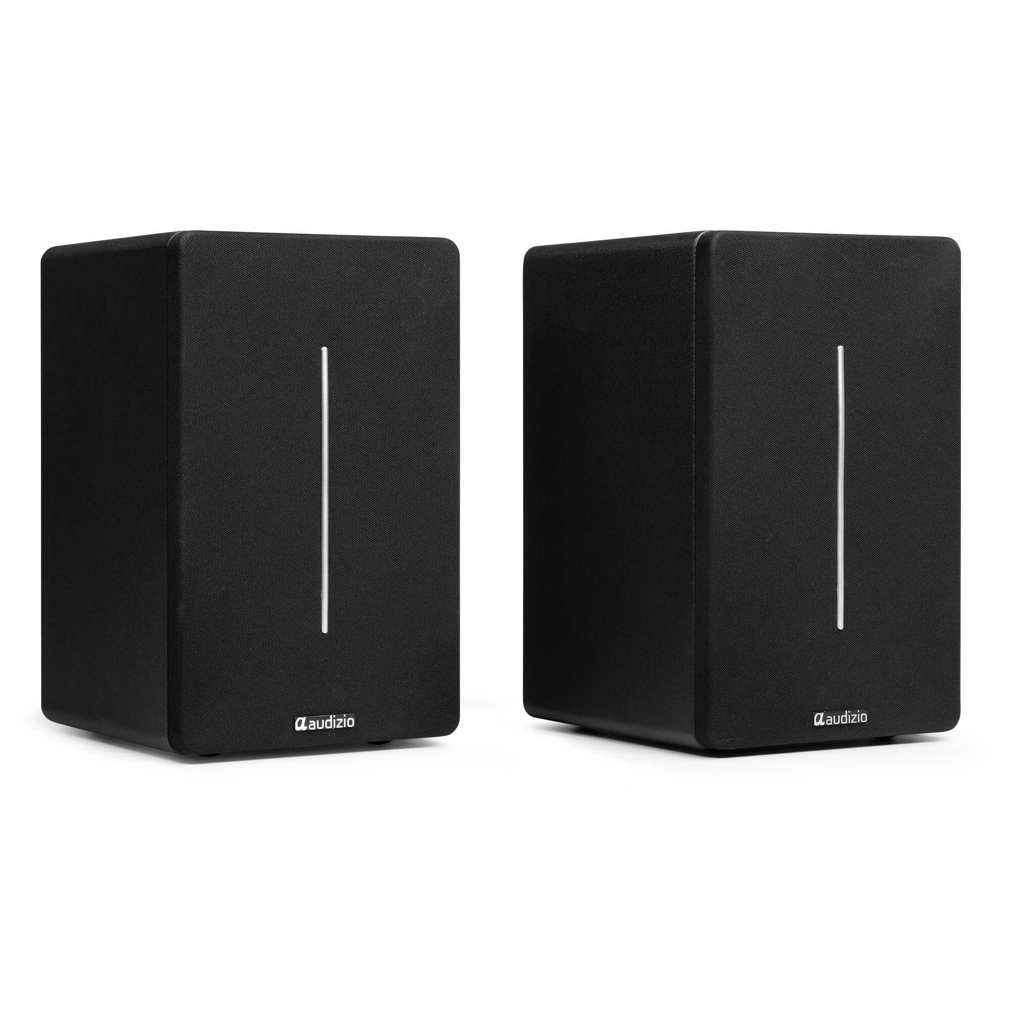 Dos altavoces negros con líneas verticales blancas. Cada uno tiene un logo 'audizio' en la parte inferior.
