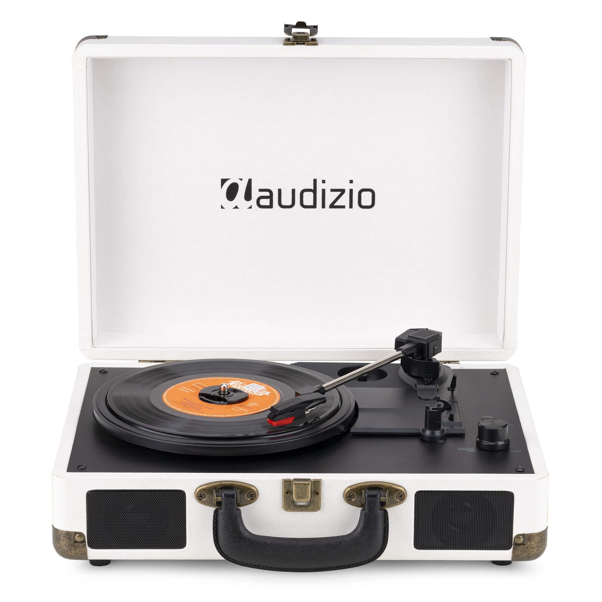Tocadiscos Audizio blanco con disco negro. La tapa está abierta. Tiene un asa negra y rejillas para altavoces.