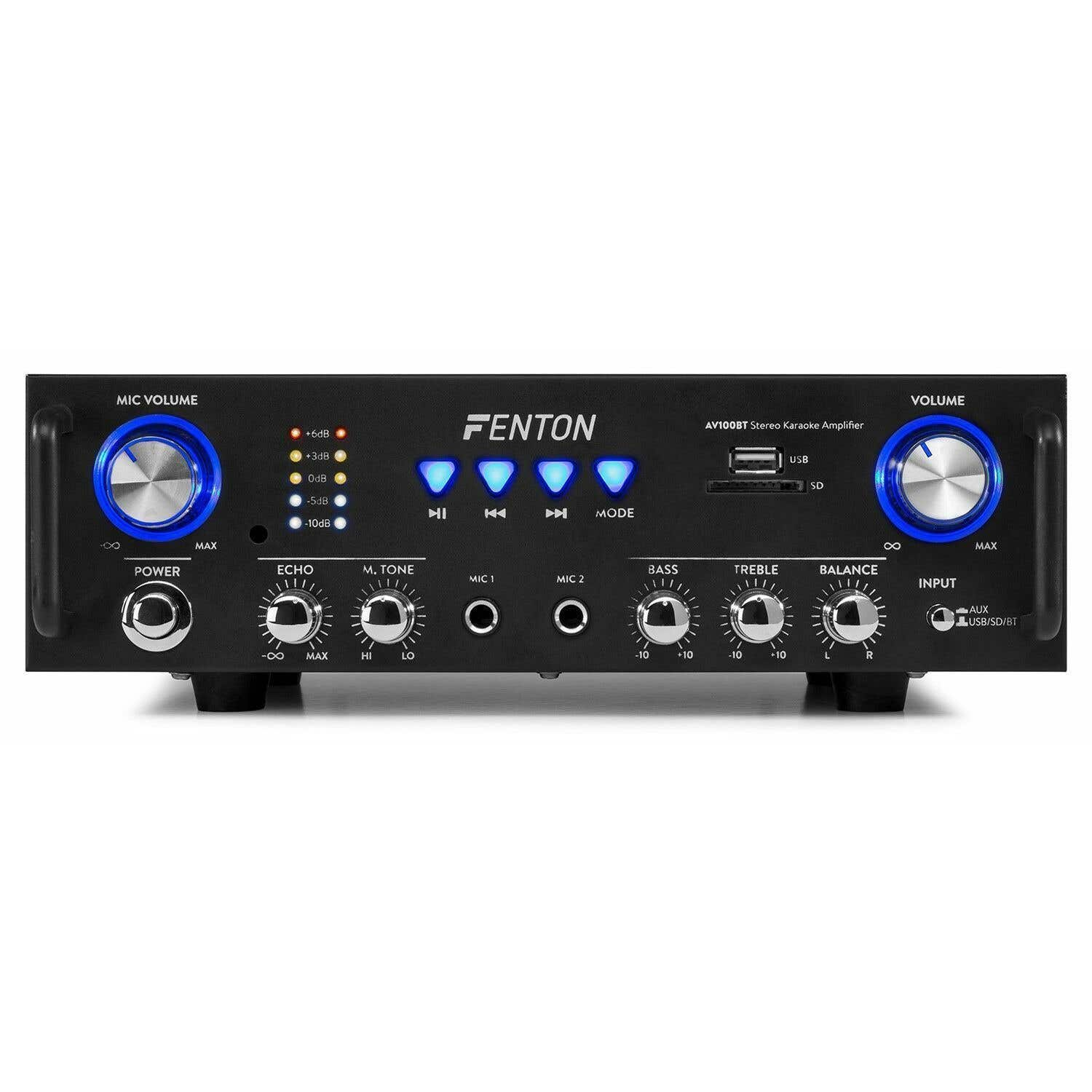 Amplificador de karaoke Fenton negro con perillas, botones y entradas. Incluye controles de volumen, eco y balance. Cuenta con puertos USB y SD.