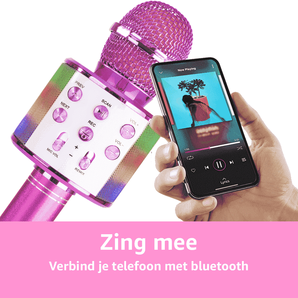 Un microfono rosa e uno smartphone che riproduce musica. Il telefono è tenuto da una mano. Testo in basso: Canta. Connettiti con Bluetooth.