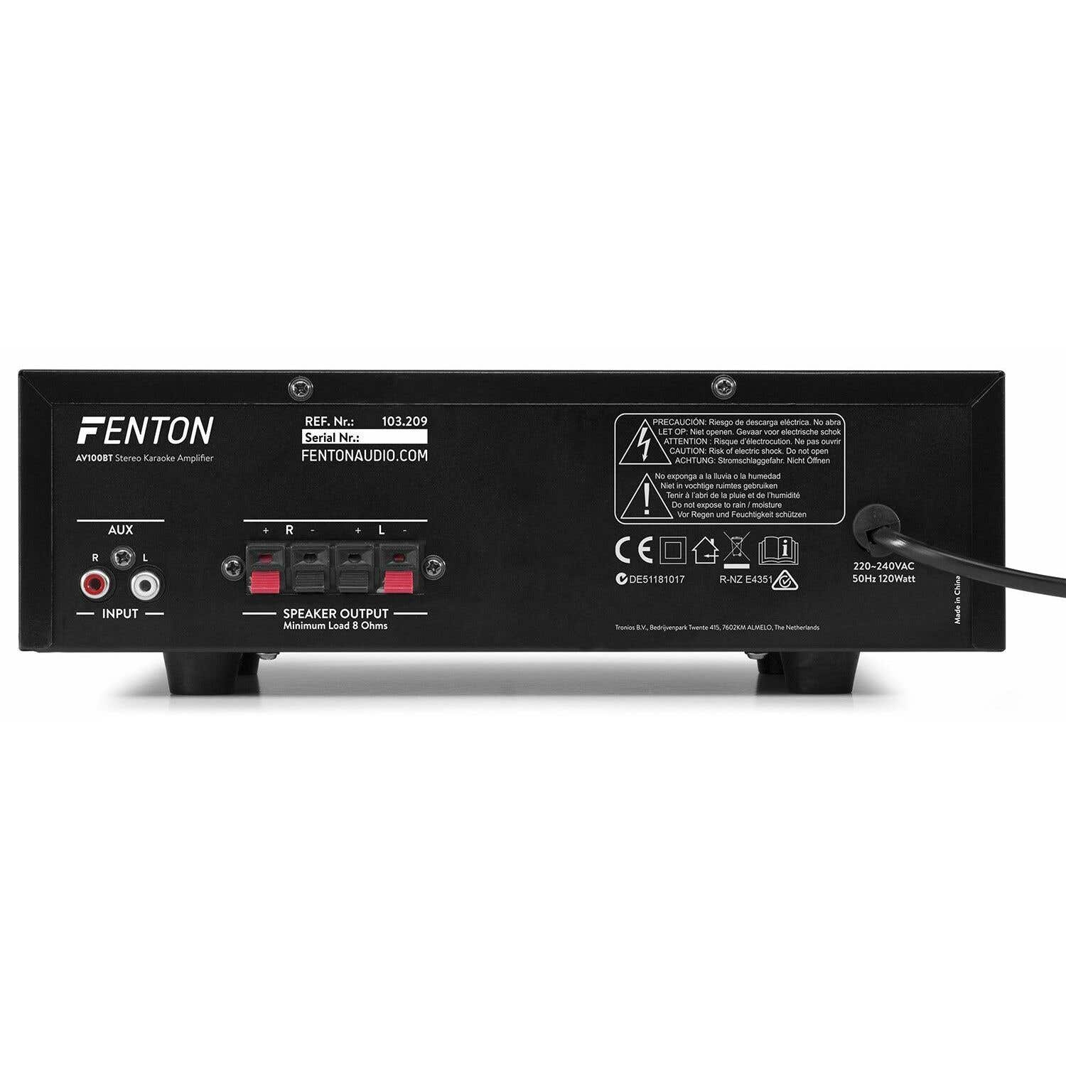 Amplificador de karaoke Fenton AV100BT negro con puertos de entrada/salida y etiquetas de advertencia. Detalles incluyen texto y símbolos.
