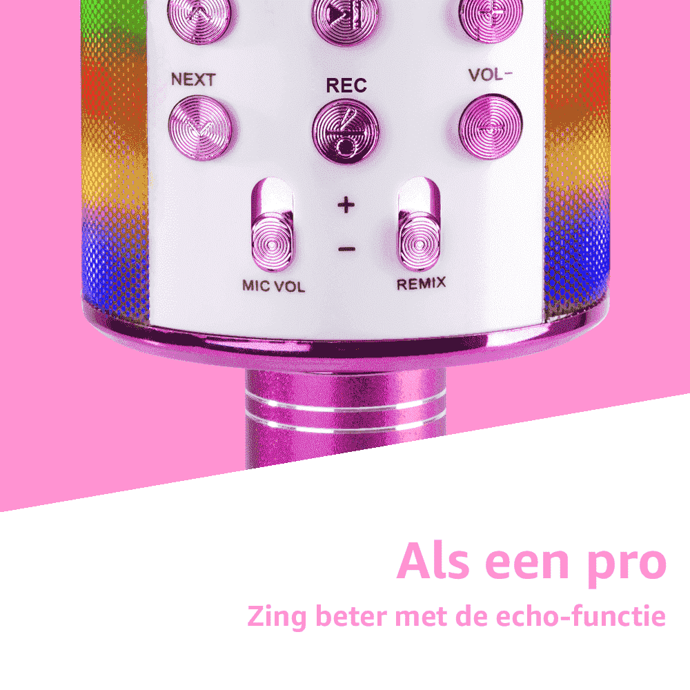 Primo piano di un microfono karaoke rosa e bianco con pulsanti 'NEXT', 'REC' e 'MIC VOL'. Su sfondo rosa.