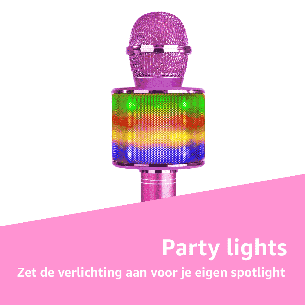 Un microfono rosa con luci da festa, display di luce arcobaleno sul corpo, testo 'Party lights' e testo olandese sotto.