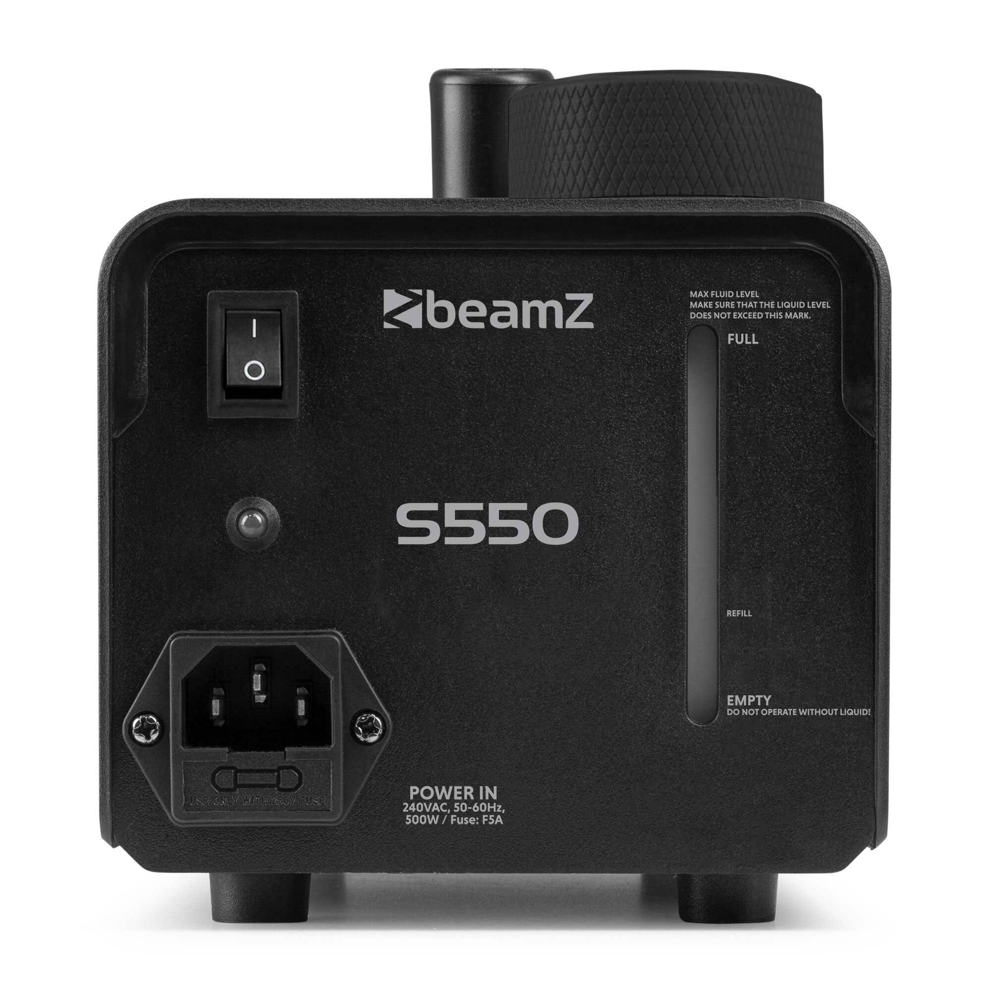 Máquina de niebla Beamz S550 negra. Cuenta con interruptor de encendido, entrada de alimentación e indicador de nivel de líquido.