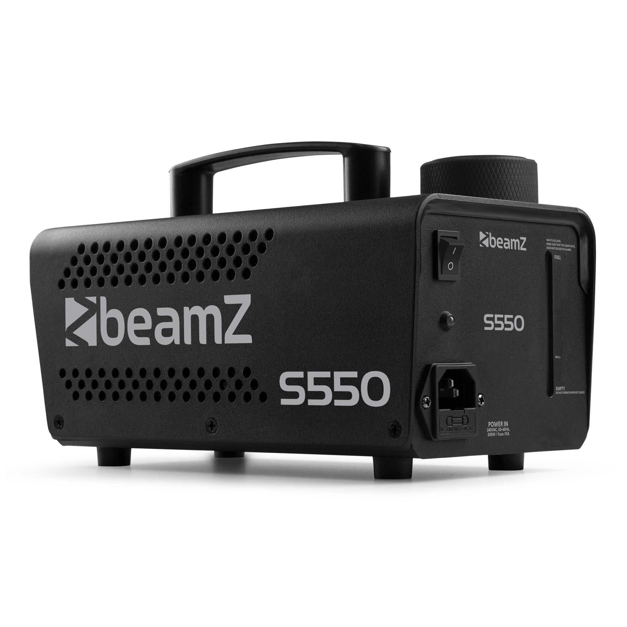 Máquina de niebla negra Beamz S550. Tiene un asa y una entrada de alimentación. El texto S550 es visible.