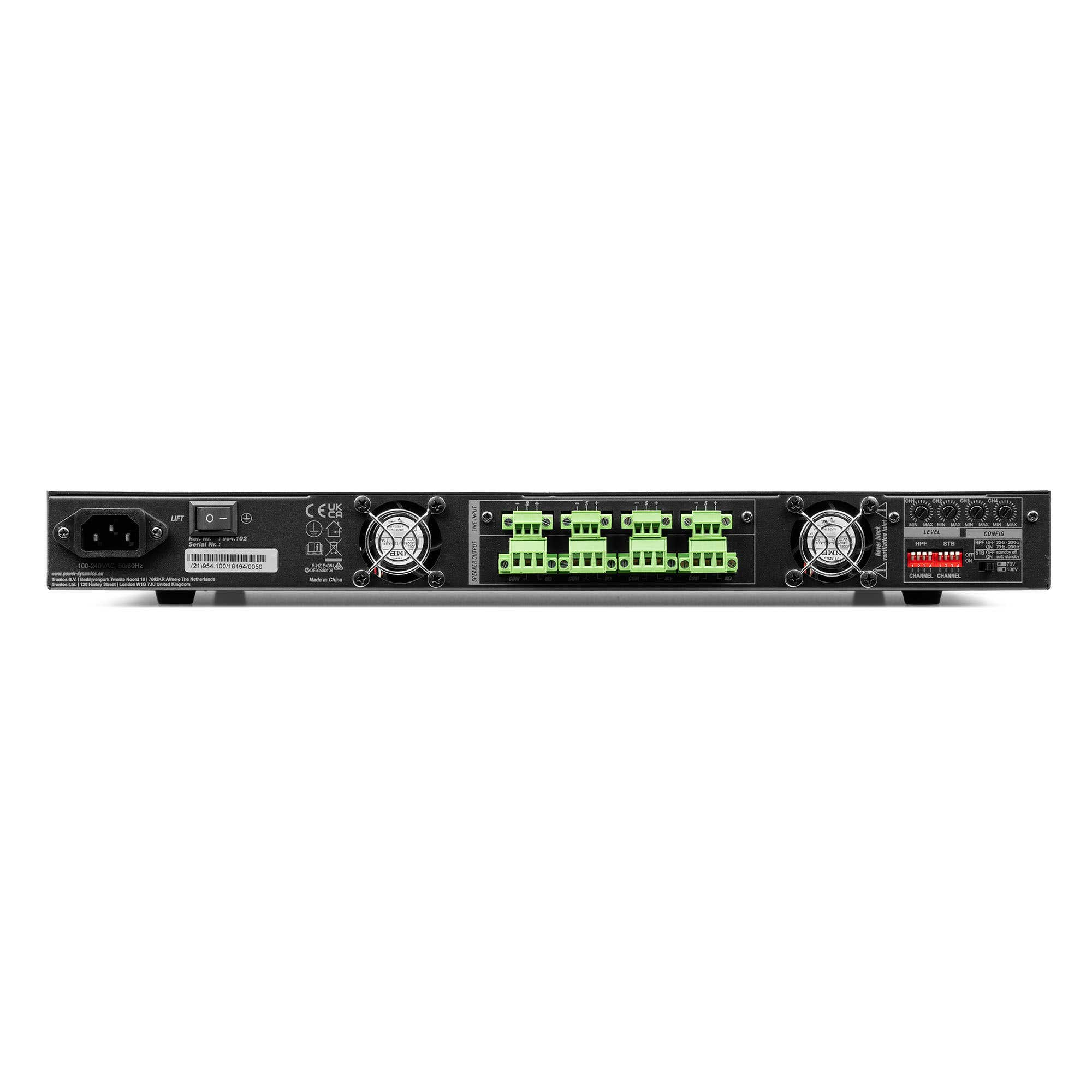 Panel trasero negro de amplificador de audio con conectores, interruptores y entrada de alimentación.