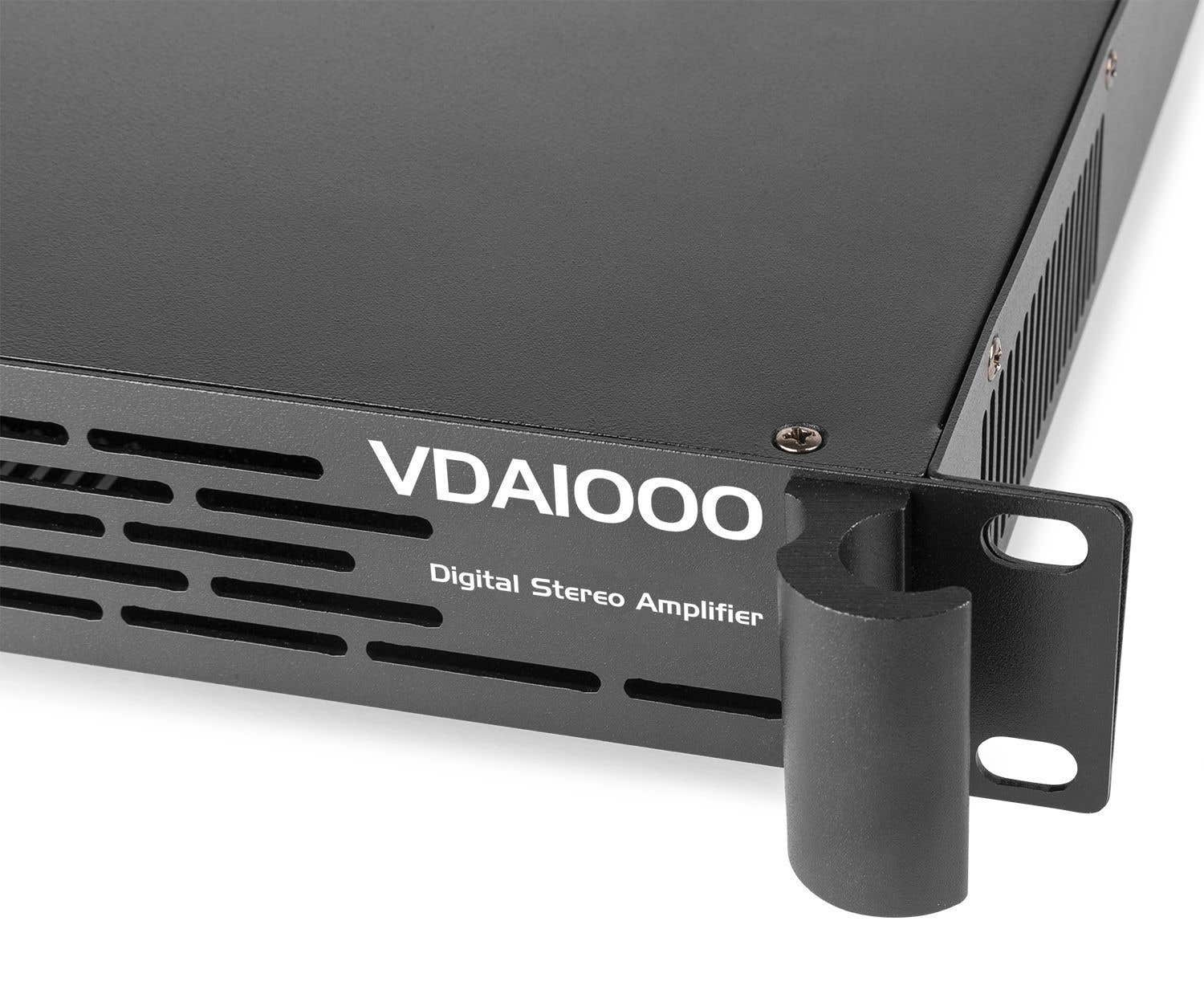 Amplificador estéreo digital VDAIOOO negro. Vista lateral mostrando ventilación, soporte y etiqueta.