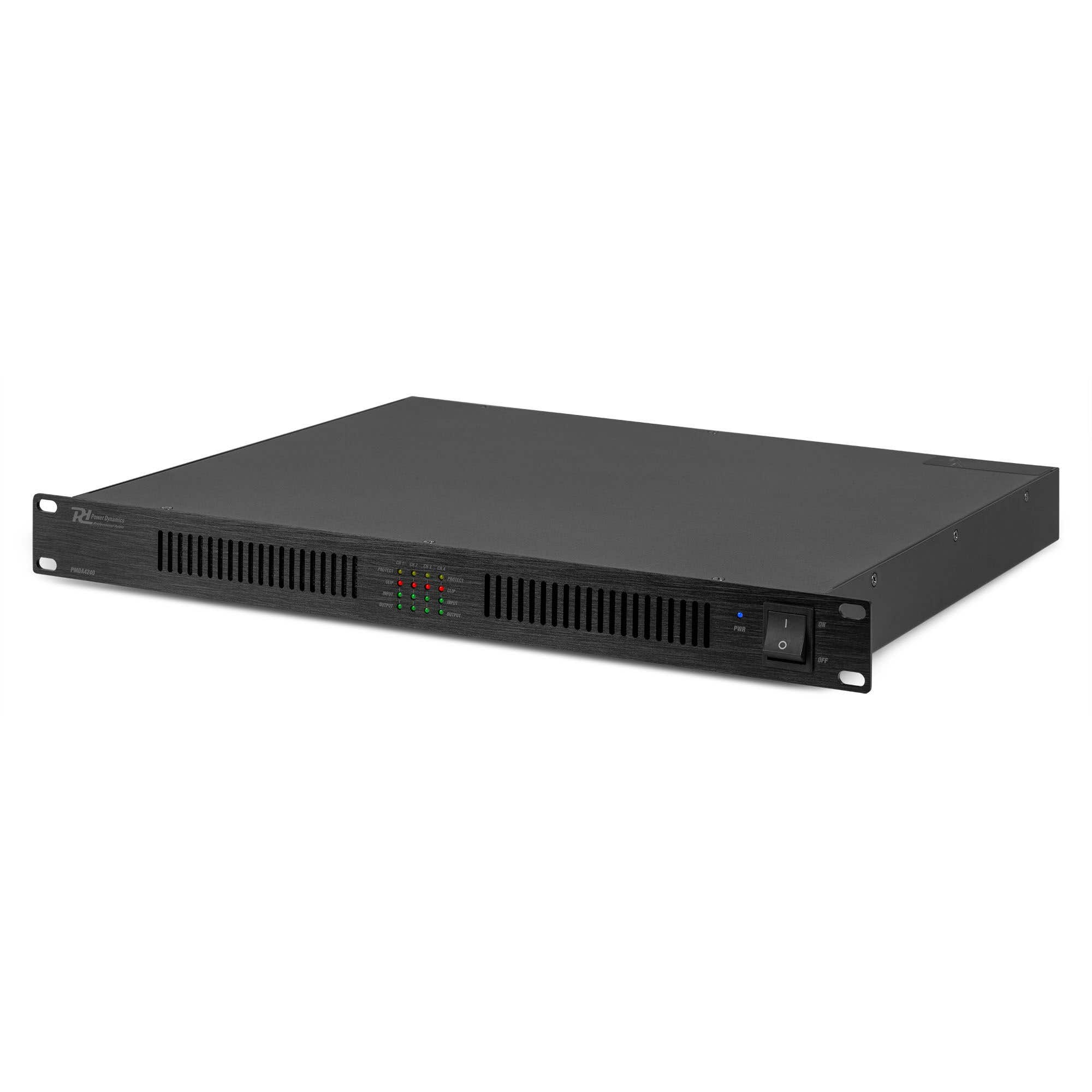 Un amplificador de audio negro con luces indicadoras de alimentación y señal. Tiene un botón de encendido/apagado y puertos de E/S.