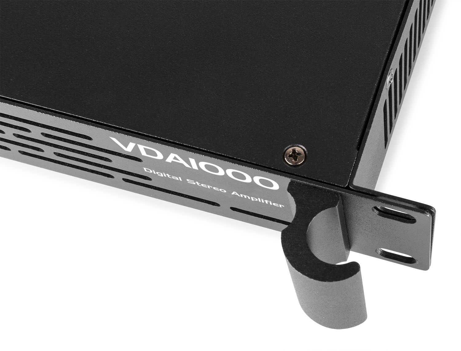 Un amplificador estéreo negro con el texto "VDAIOOO Digital Stereo Amplifier". Un soporte gris está fijado al frente.