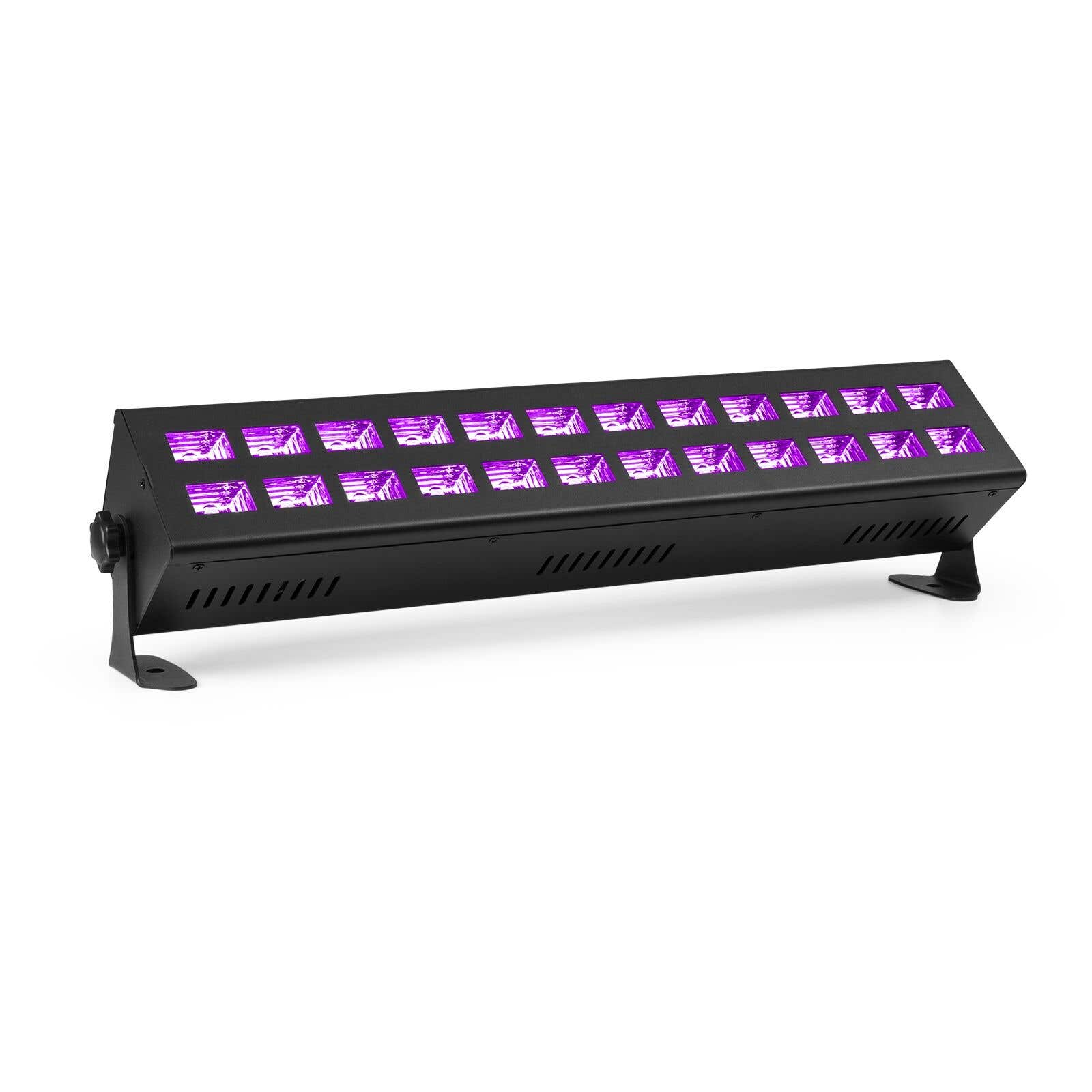 Un accesorio de luz LED rectangular negro con luces moradas se muestra sobre un fondo blanco. La luz se apoya en dos soportes negros.