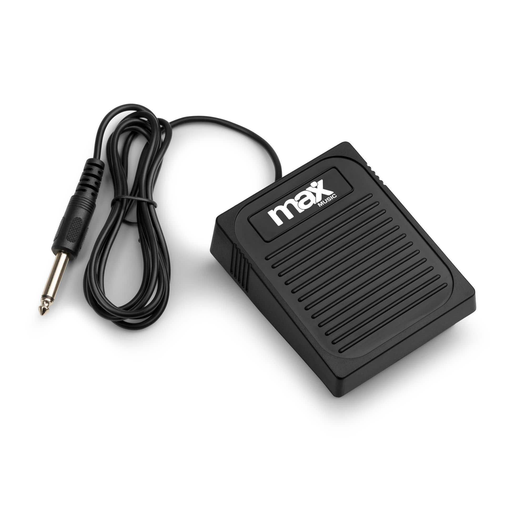 Pedal de sustain negro Max Music con cable negro y conector jack plateado sobre superficie blanca.