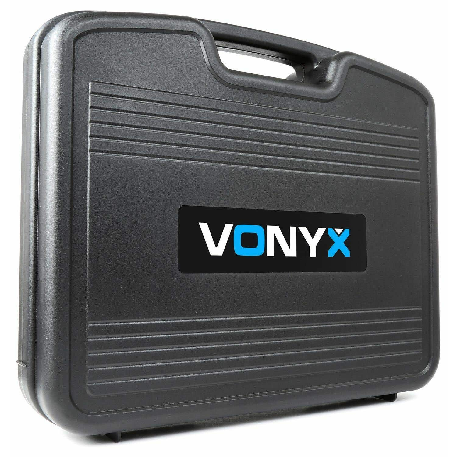 A black carrying case with a handle, bearing the VONYX logo in white and blue. The case has horizontal ridges.