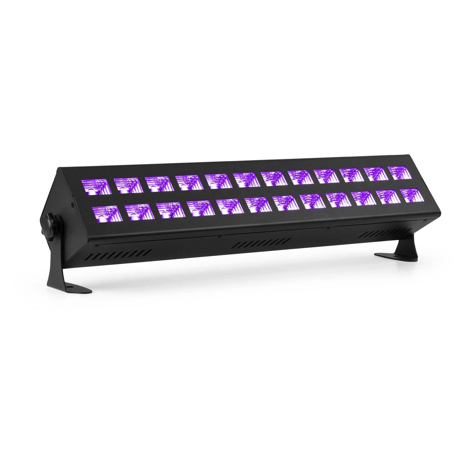 Una luz de escenario negra y rectangular con varias luces moradas. Se encuentra sobre un fondo blanco.