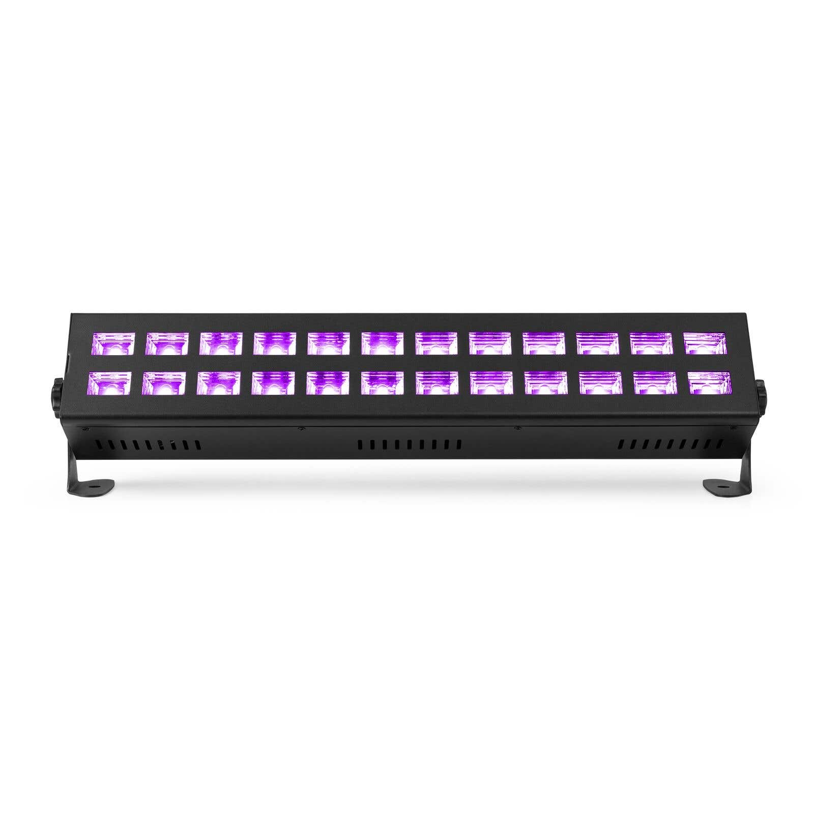 Accesorio de iluminación rectangular negro con luces moradas, sobre fondo blanco. Tiene patas de soporte.