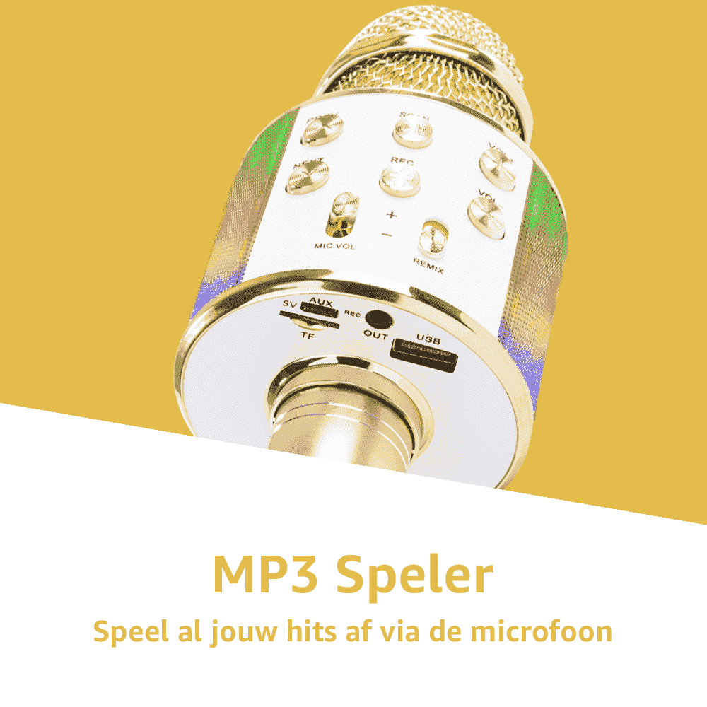 Un microfono dorato con pulsanti e porte su sfondo giallo. Testo: 'Lettore MP3' e 'Riproduci tutti i tuoi successi'.