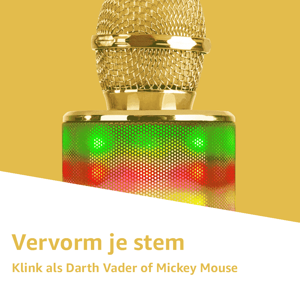 Un microfono dorato con base luminosa colorata. Il testo sottostante recita 'Vervorm je stem' e 'Klink als Darth Vader of Mickey Mouse'.