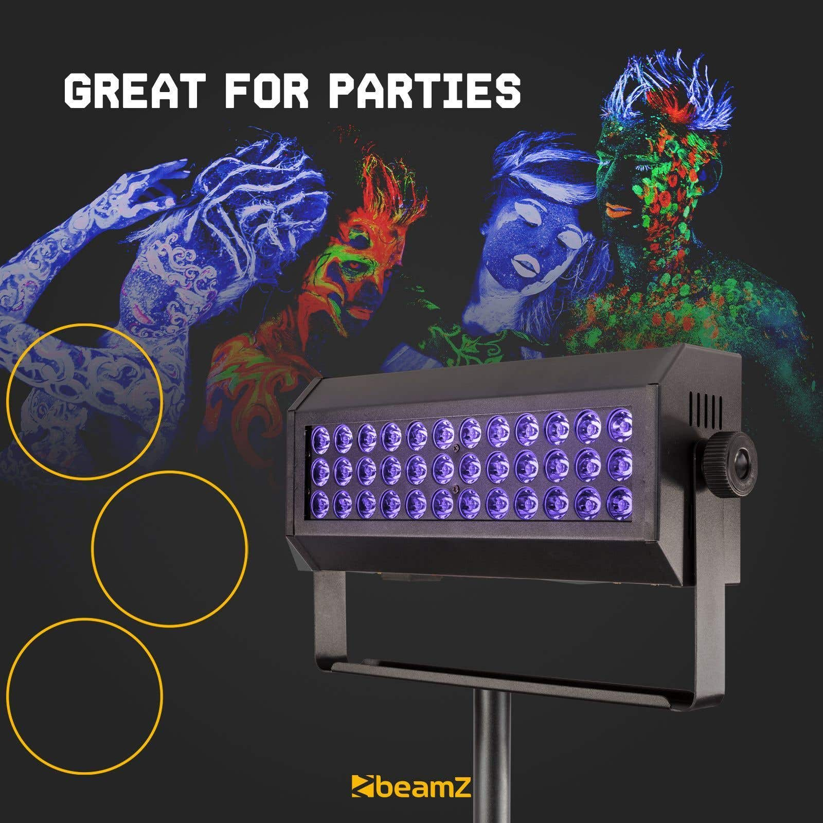 Escena de fiesta con luz ultravioleta. Gente con pintura corporal. Accesorio de luz negra en primer plano. Texto 'Great for Parties'.