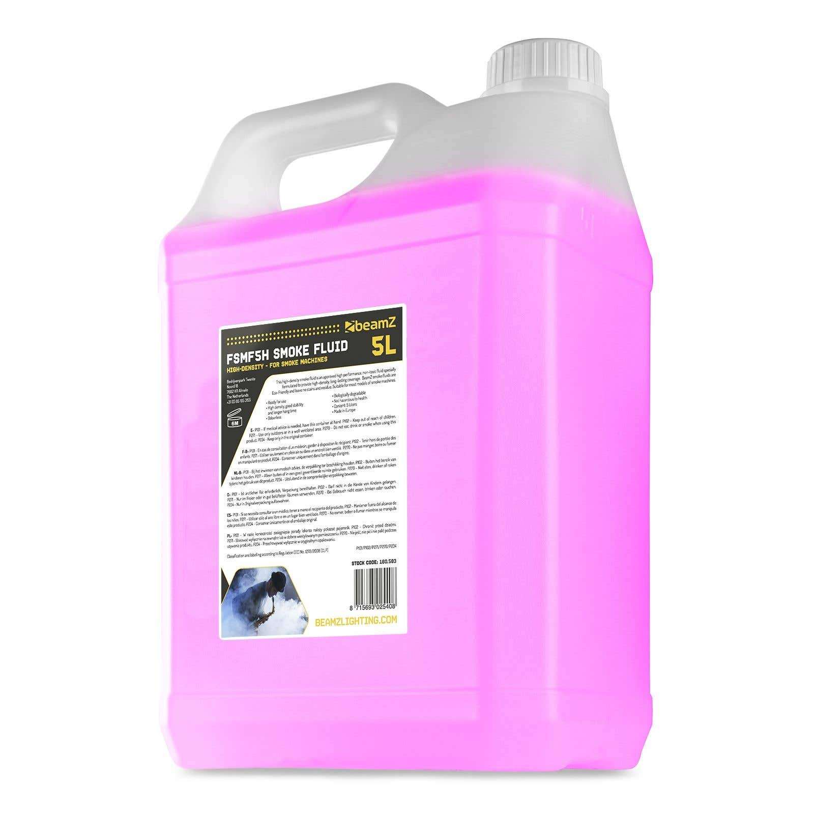 Botella rosa de 5L de líquido de humo. Tiene asa blanca y etiqueta con texto.