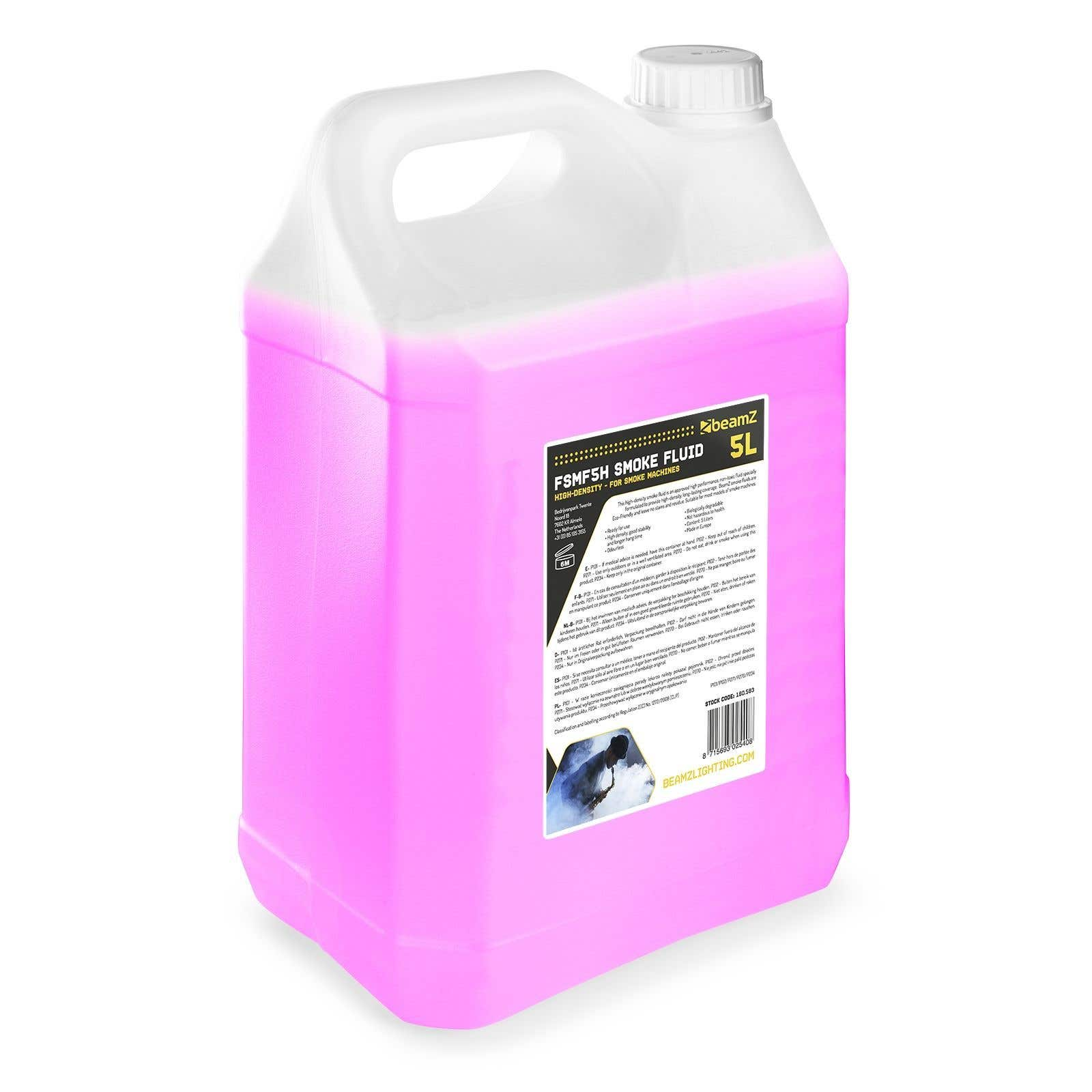 Un envase de líquido de humo rosa con tapa y asa blancas, etiqueta del producto visible.