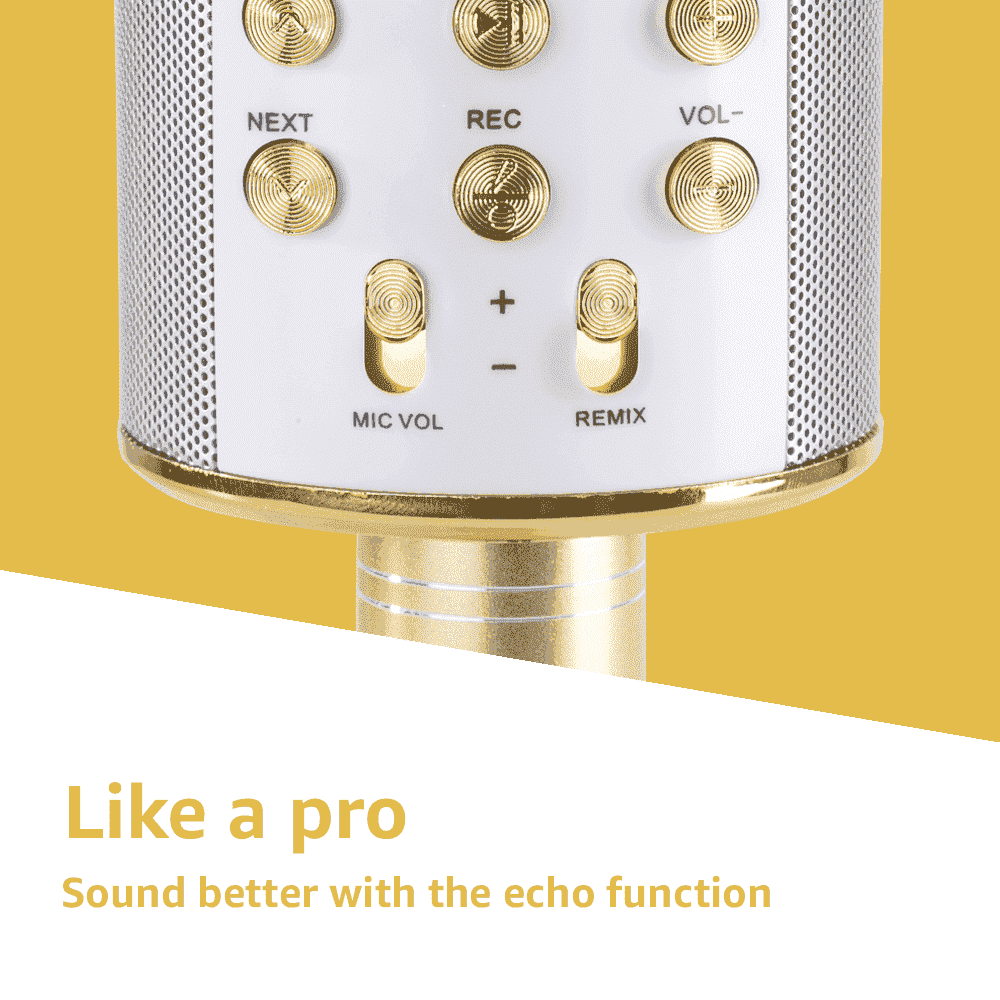 Un microfono oro e bianco con pulsanti NEXT, REC, VOL-, MIC VOL e REMIX. Accenti dorati su sfondo giallo.