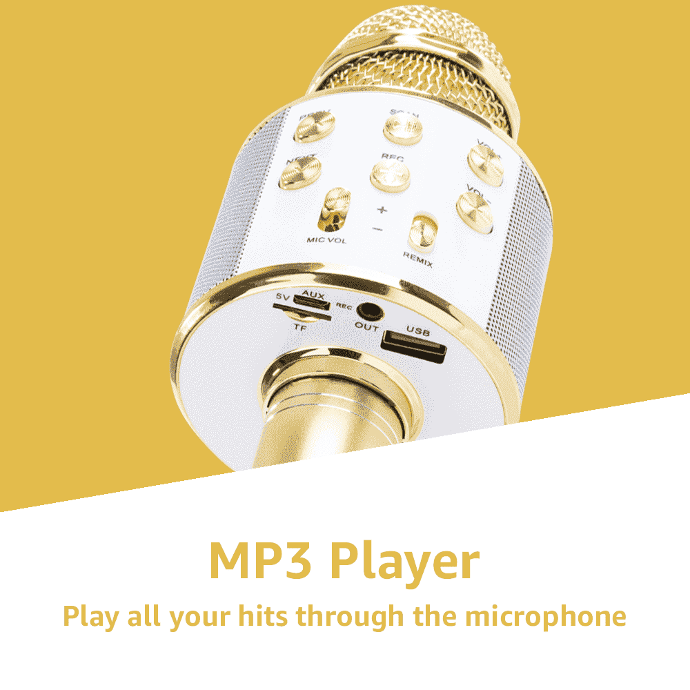 Microfono oro e bianco con pulsanti. Testo: 'MP3 Player'. Sfondo giallo con testo bianco.