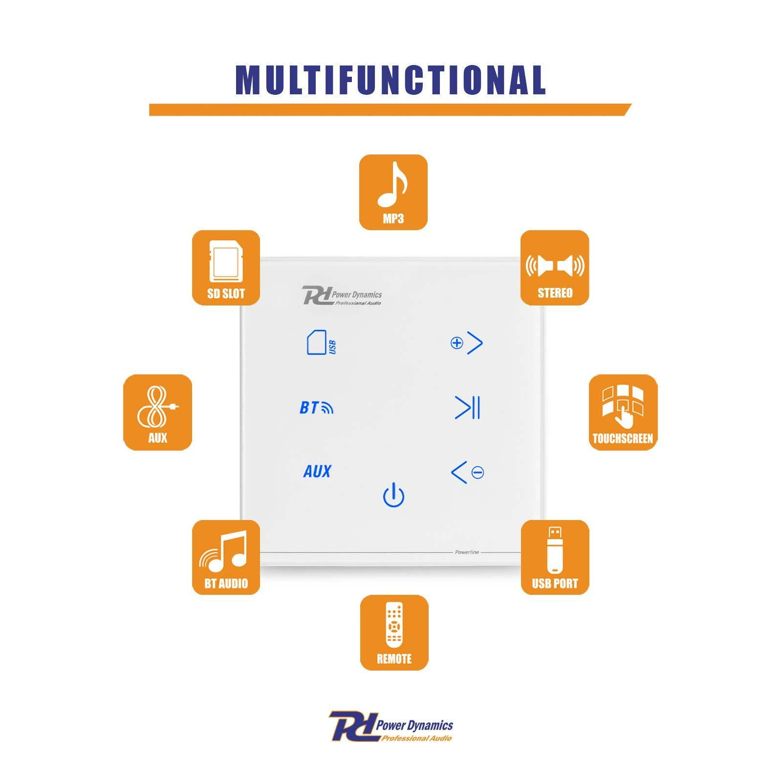 Un pannello di controllo bianco con icone per slot SD, USB, Bluetooth, aux, MP3, stereo, touchscreen, porta USB e telecomando.