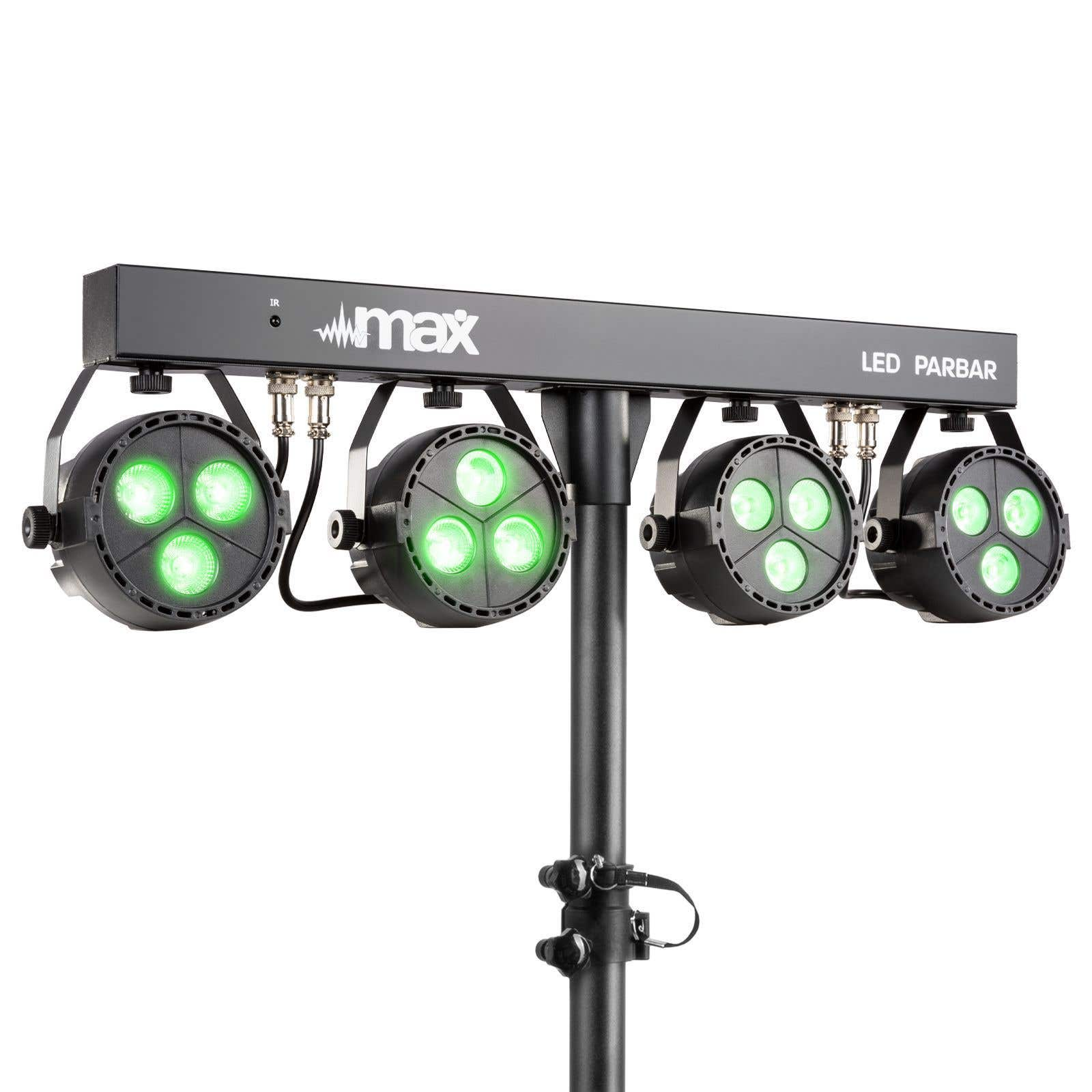 Una barra LED par negra con cuatro luces, cada una con tres luces verdes, montada en un soporte. La marca 'max' es visible.
