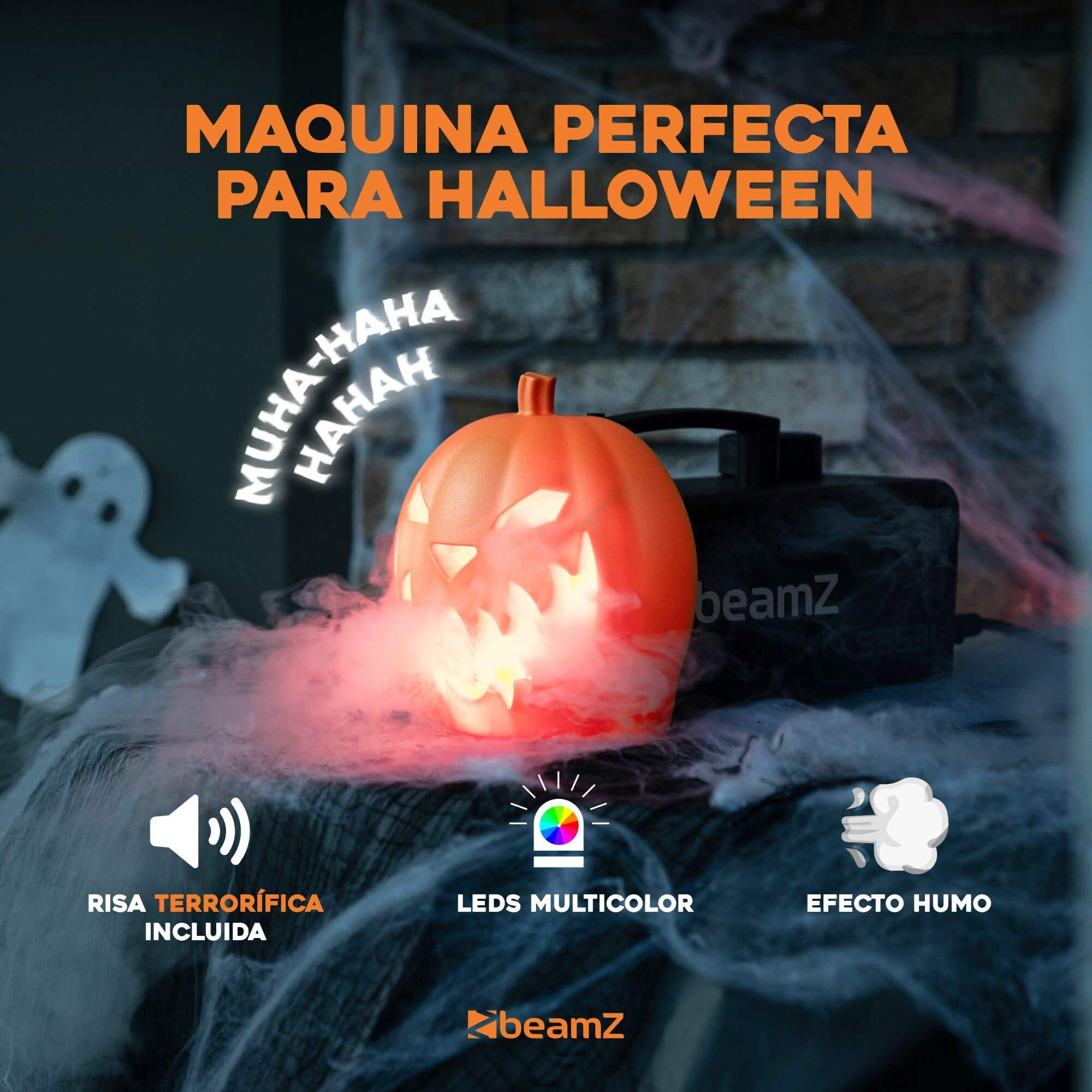 Una escena de Halloween con una calabaza naranja, humo y un fantasma. El texto dice 'máquina perfecta para Halloween'.