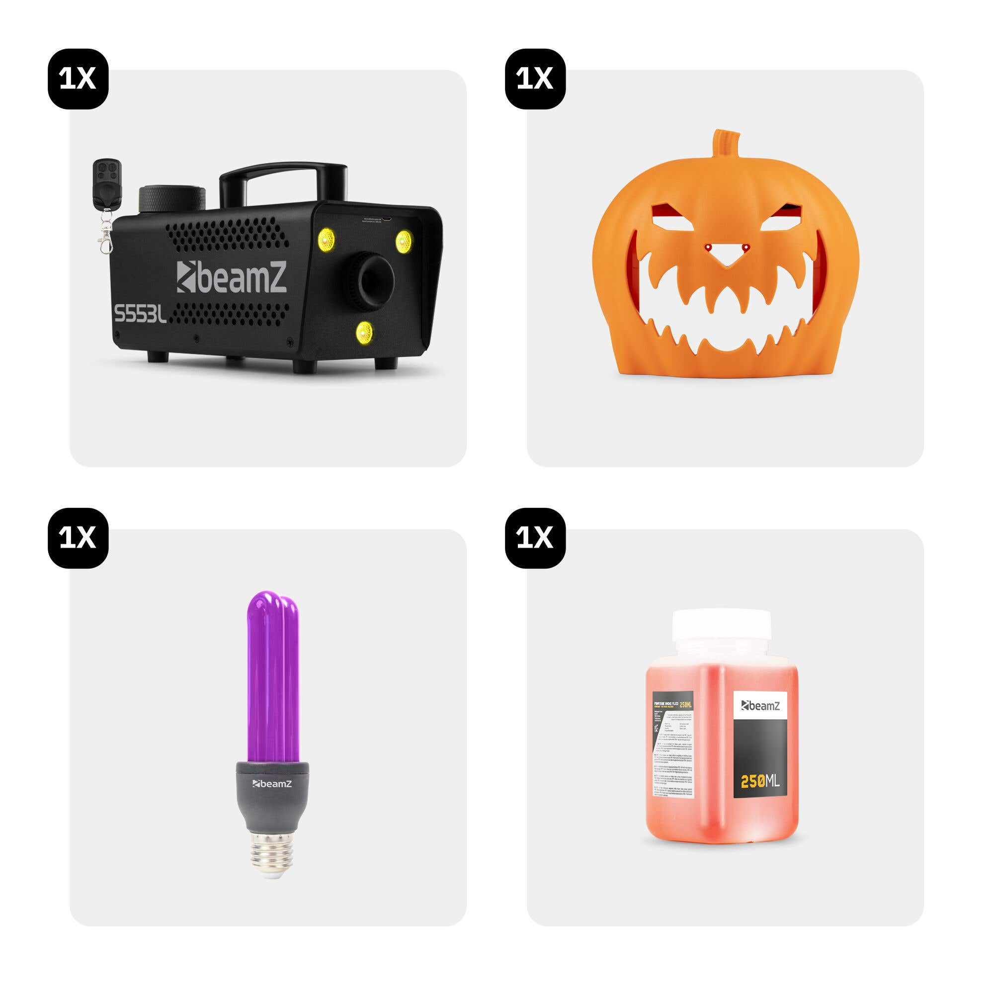 Una máquina de humo Beamz negra, una calabaza naranja, una bombilla morada y una botella de líquido rojo.