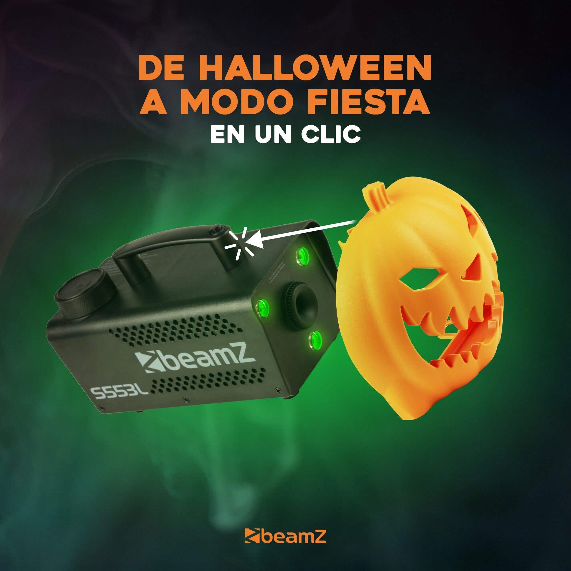 Una imagen promocional de Halloween. Una máquina de niebla y una calabaza se muestran sobre un fondo degradado verde y negro.