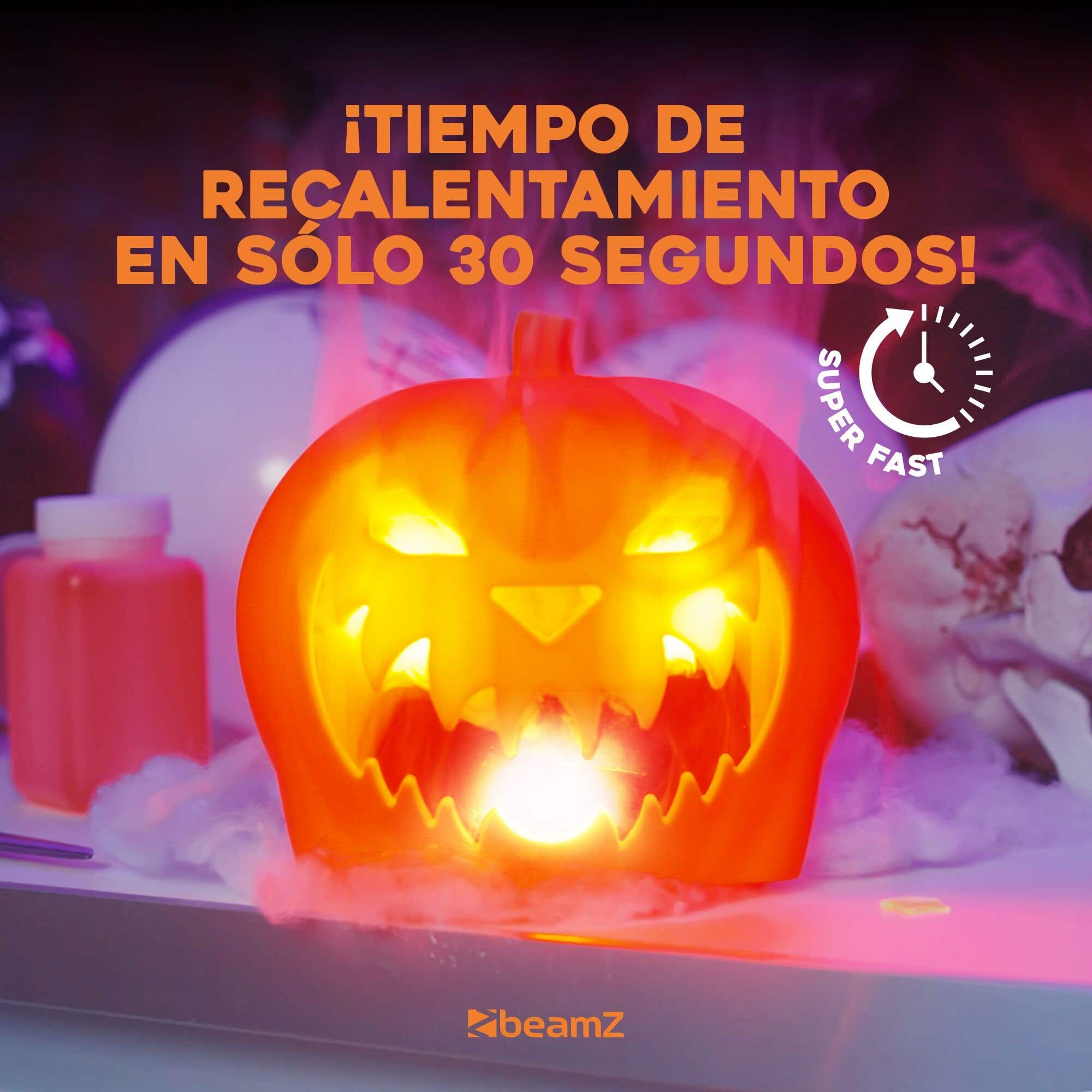 Una calabaza de Halloween naranja con una cara brillante, el texto dice 'recalentar en 30 segundos'.