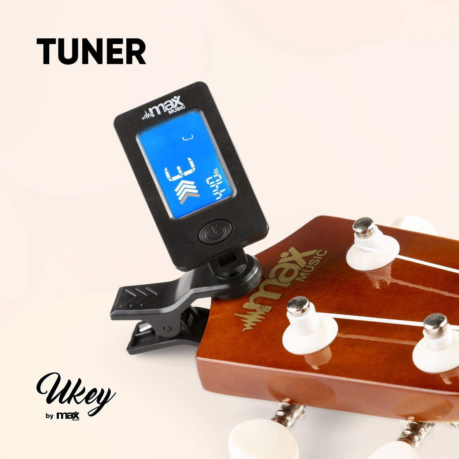 Un afinador negro en un clavijero de ukelele, que muestra información de afinación. La palabra 'TUNER' aparece arriba.