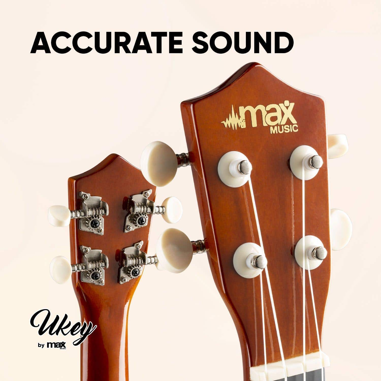 Dos cabezales de ukelele con clavijas blancas y cuerdas. Visible la marca 'max music'. El texto dice 'ACCURATE SOUND' y 'Ukey by max'.