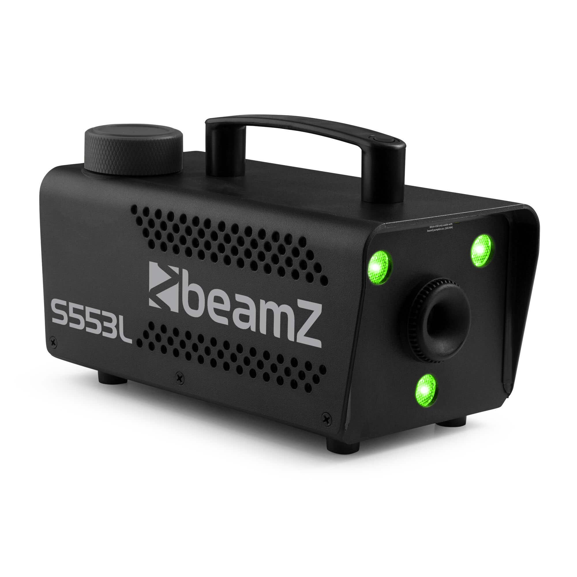 Una máquina de humo Beamz negra. Tiene asa, luces verdes y el número de modelo S553L. La marca es beamz.
