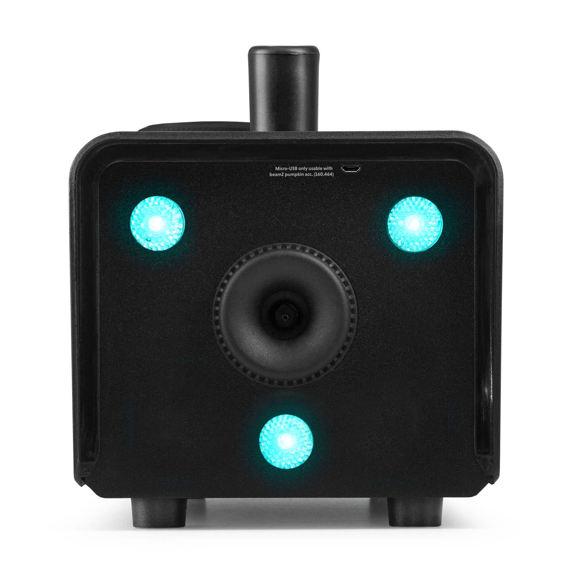 Dispositivo negro con tres luces azules. Un altavoz está en el centro. Un puerto USB está en el lado.