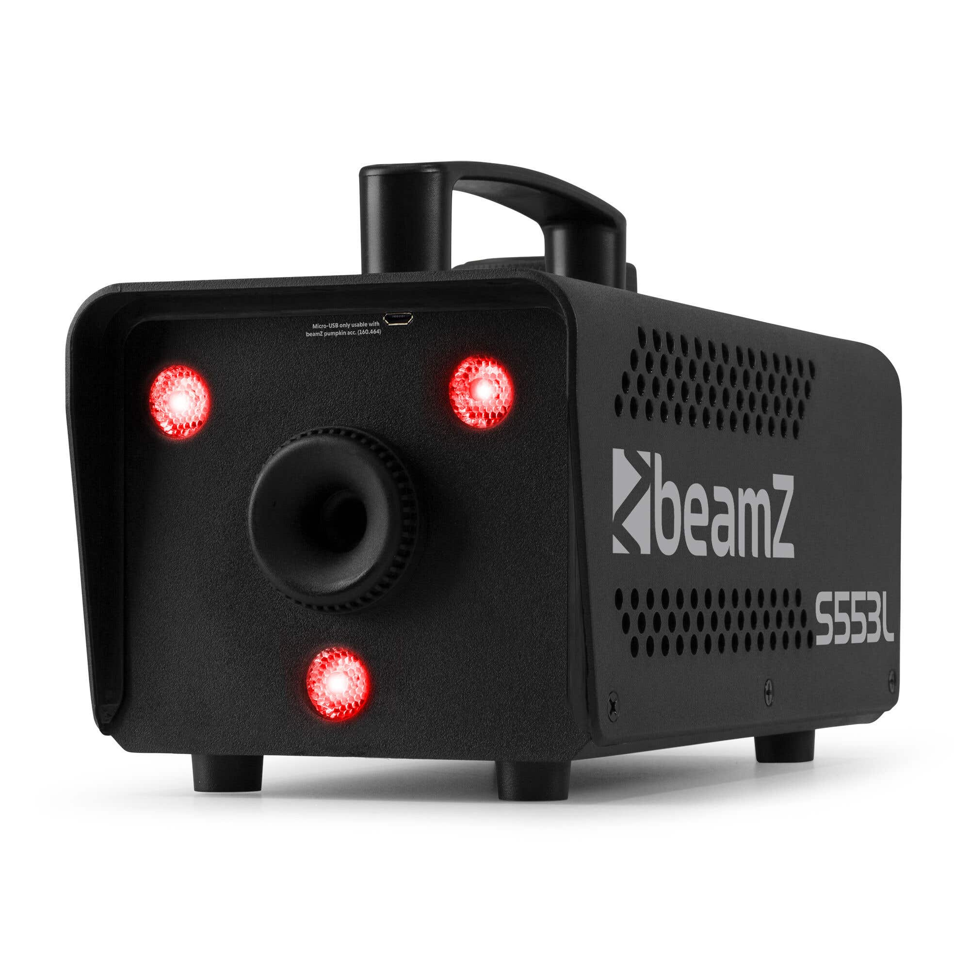 Una máquina de niebla Beamz negra con luces rojas. La parte delantera tiene una boquilla y el logotipo de Beamz. Número de modelo 5553L.