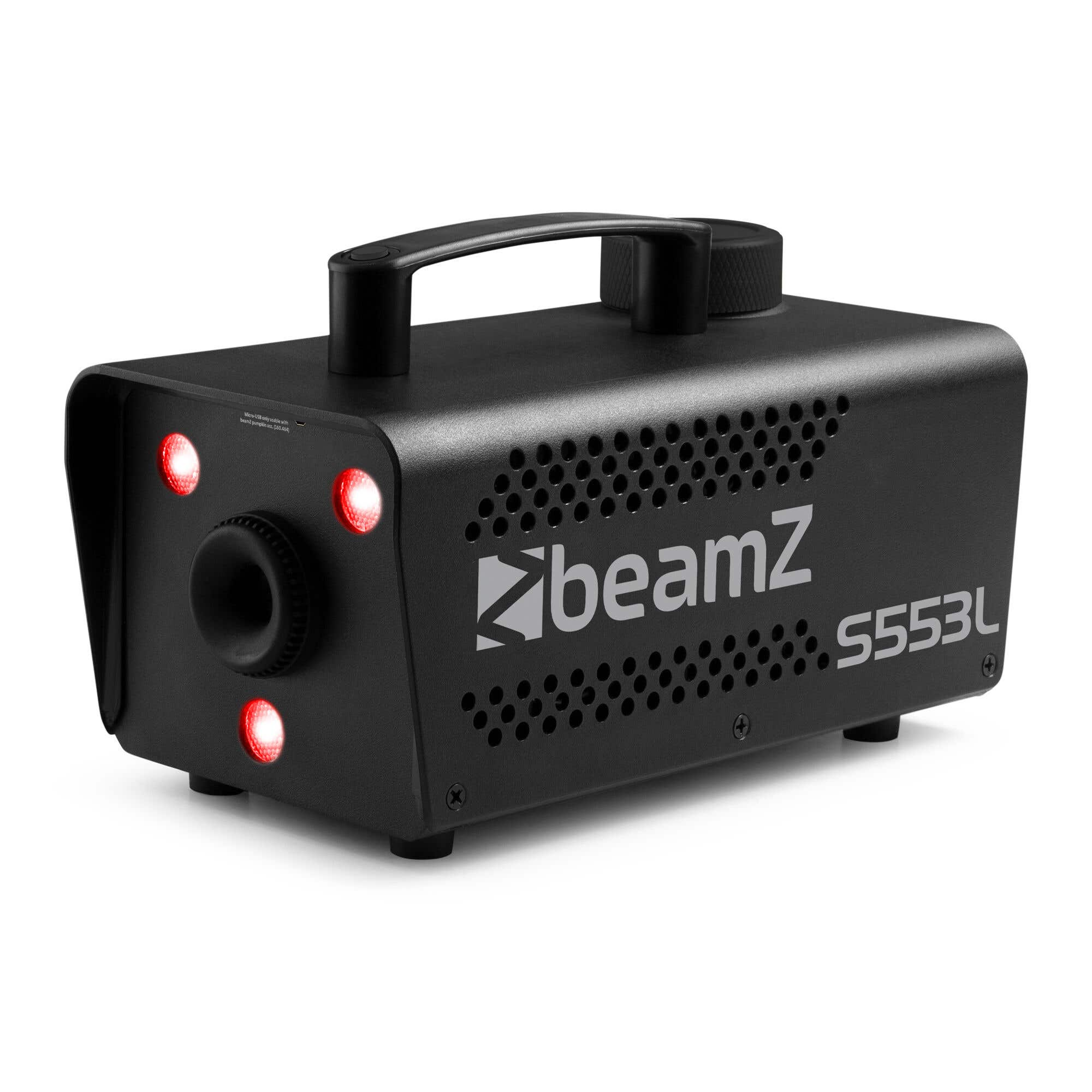 Máquina de niebla BeamZ negra con asa, luces rojas y texto 'beamZ S5553L' sobre fondo blanco.