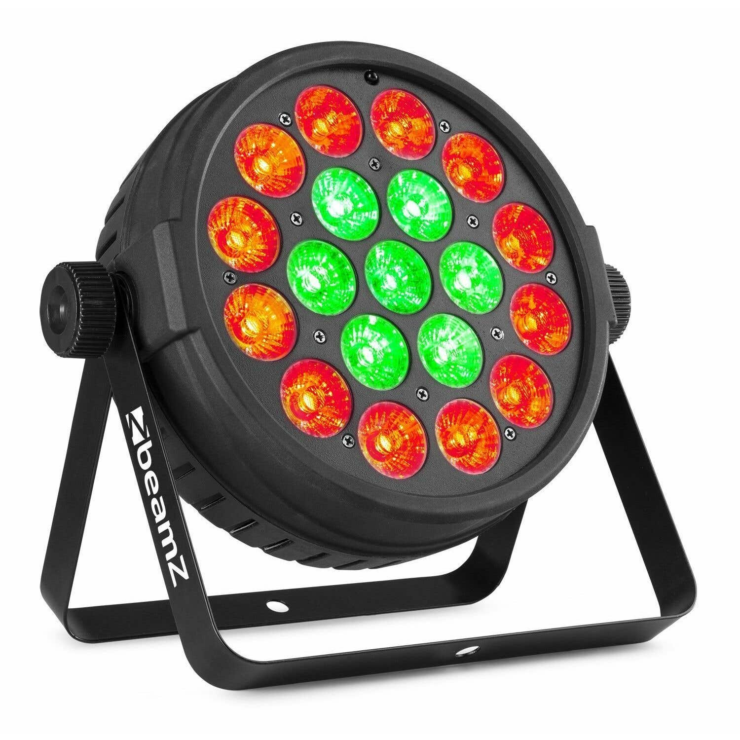 Una luz de escenario negra con LEDs rojos y verdes. Tiene forma circular y un soporte. La marca 'Beamz' es visible.