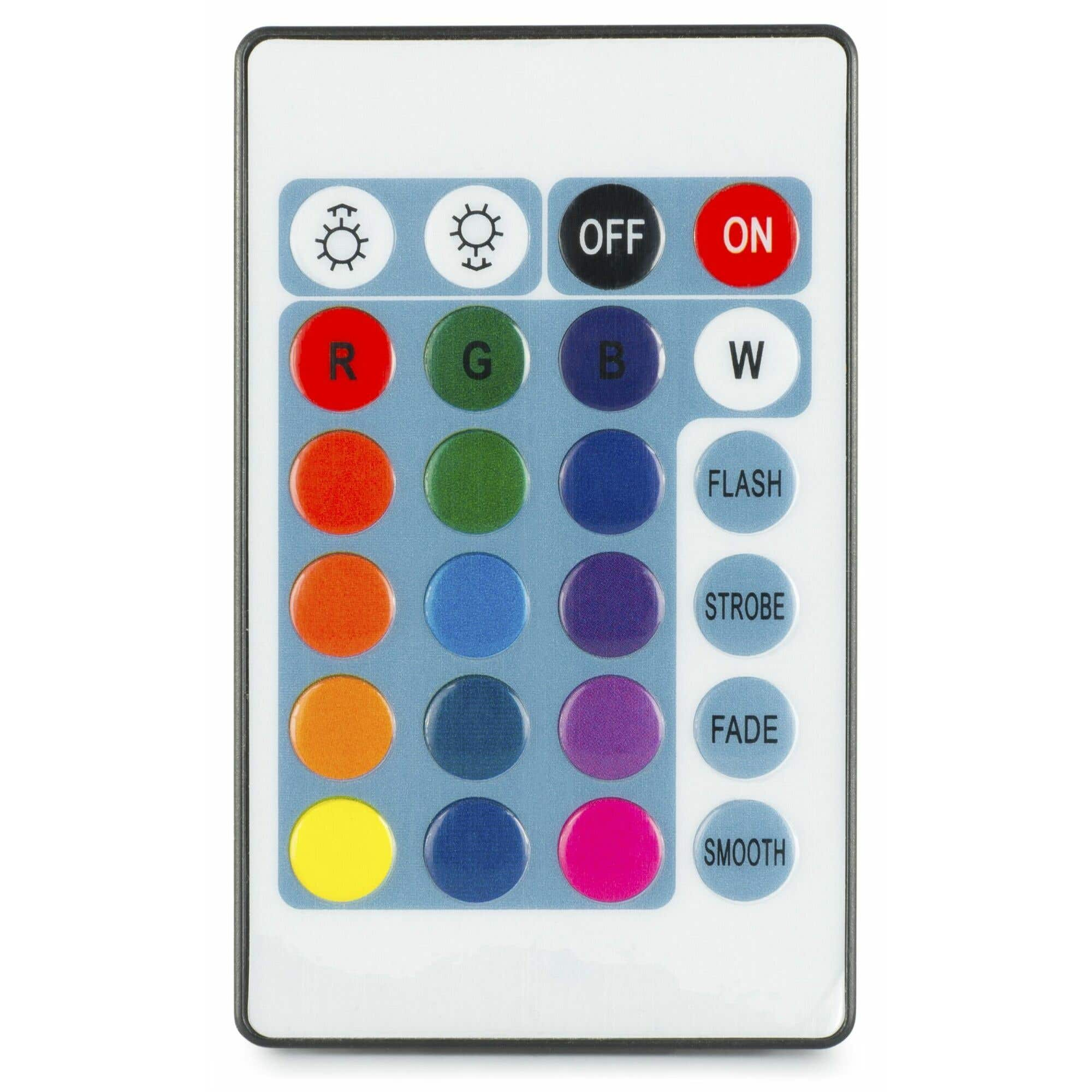 Control remoto con botones para colores, encendido/apagado y efectos de luz. Botones: R, G, B, W, Flash, Strobe, Fade, y Smooth.