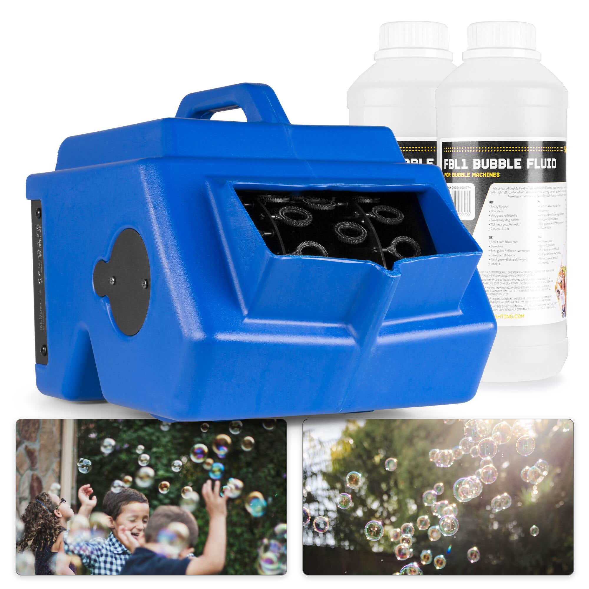 Una máquina de burbujas azul con dos botellas blancas y dos imágenes de niños jugando con burbujas.