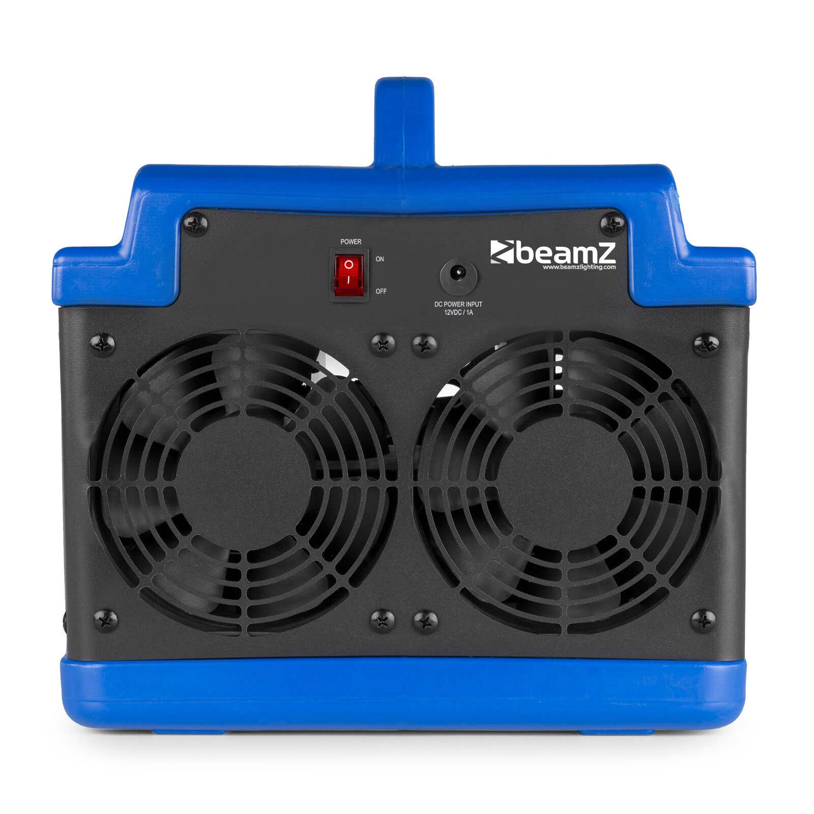 Dispositivo Beamz azul y negro con dos ventiladores, botón de encendido y asa. El logotipo está arriba.