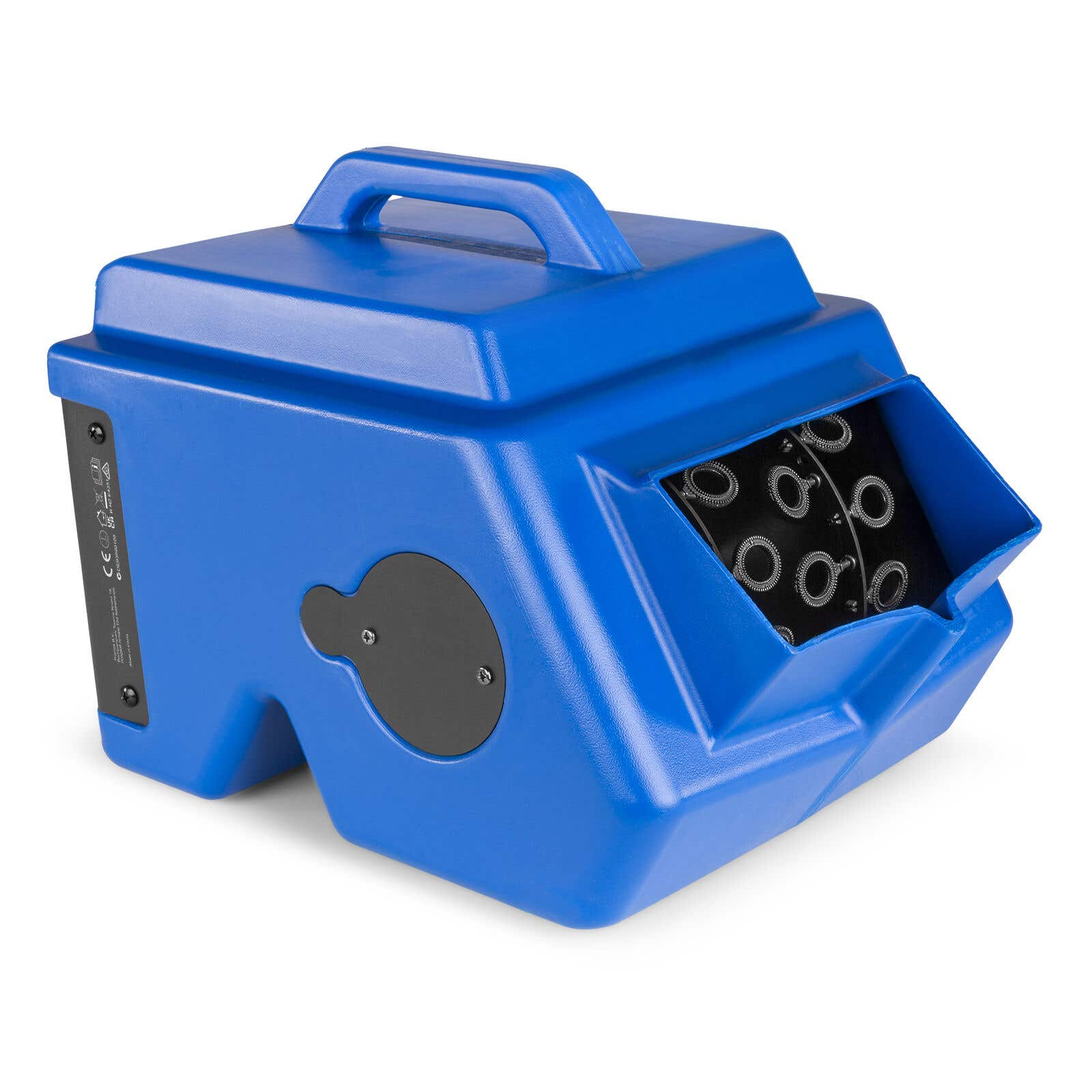 Una máquina de burbujas azul con asa, una cubierta circular negra y múltiples anillos para hacer burbujas.