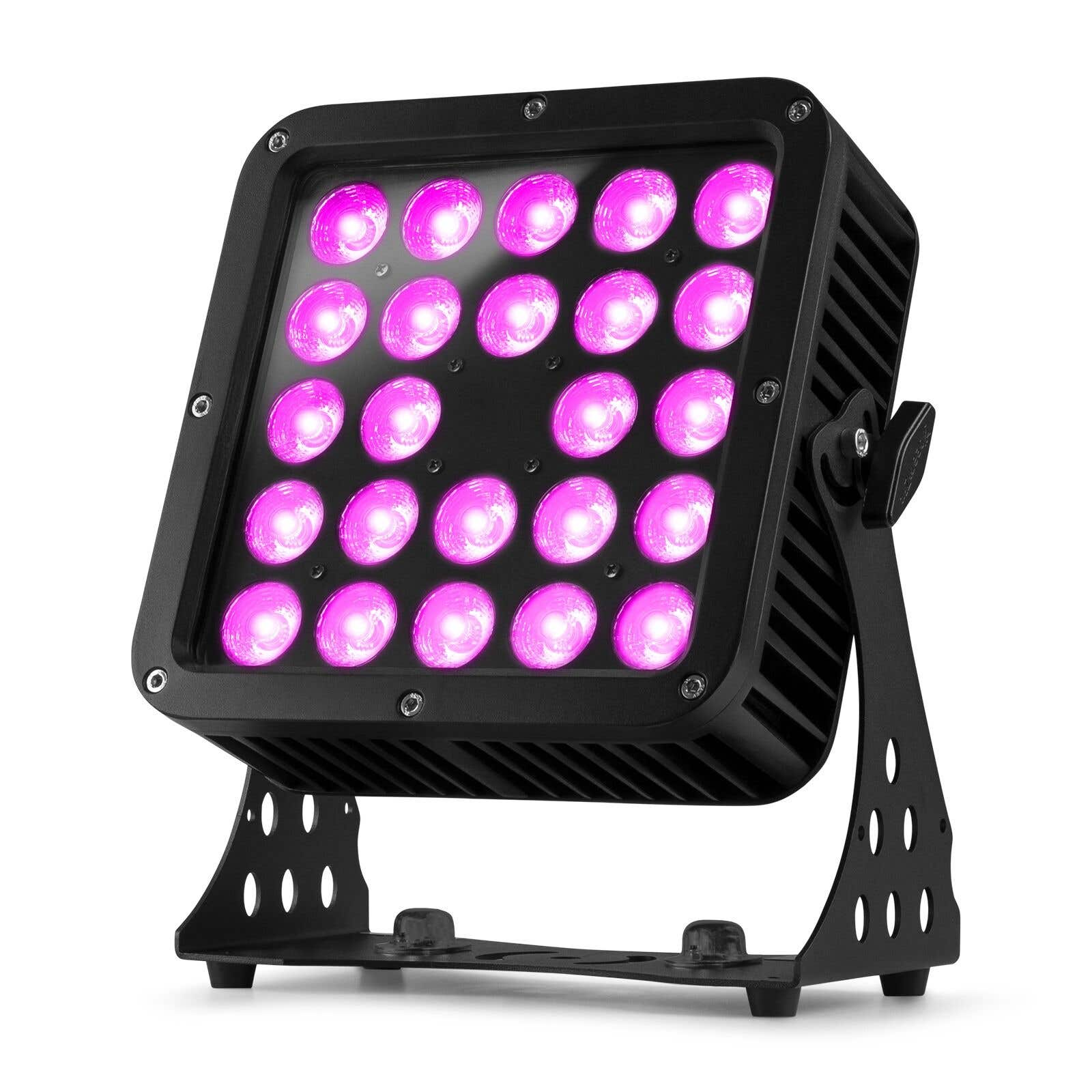 Foco LED negro con 20 luces rosas. Tiene un soporte y está sobre un fondo blanco.