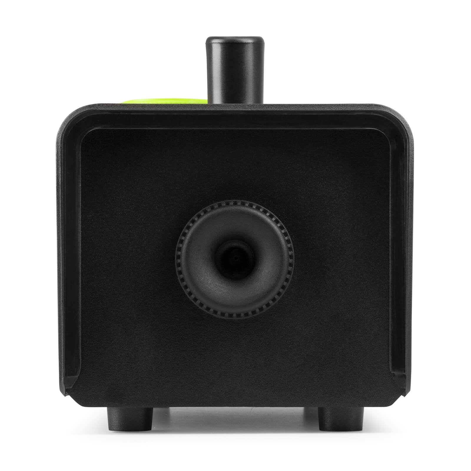 Altavoz rectangular negro con un altavoz circular centrado y un asa cilíndrica. Acento verde en la parte superior.