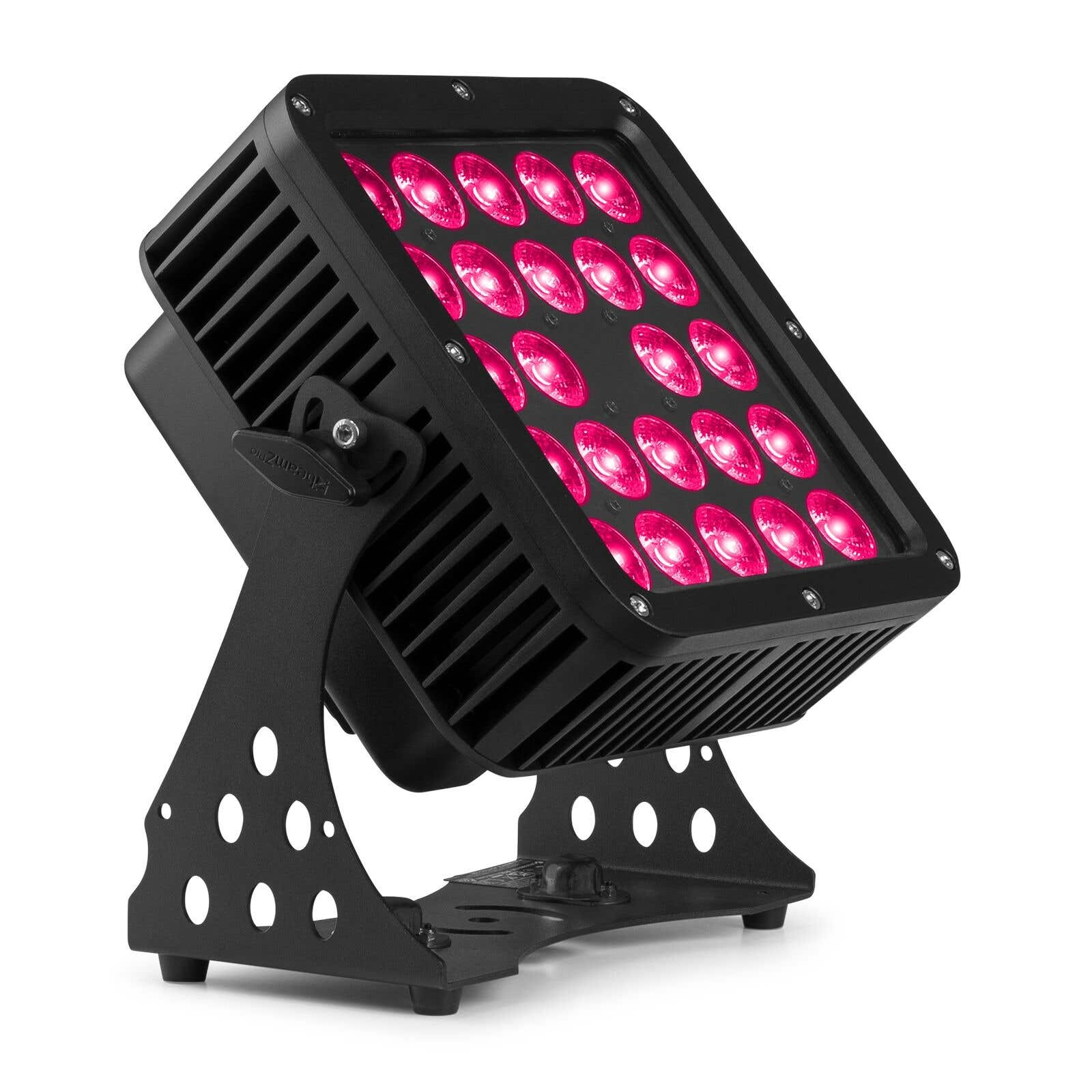 Una luz de escenario LED negra con luces rosas, colocada sobre un soporte negro, con fondo blanco.